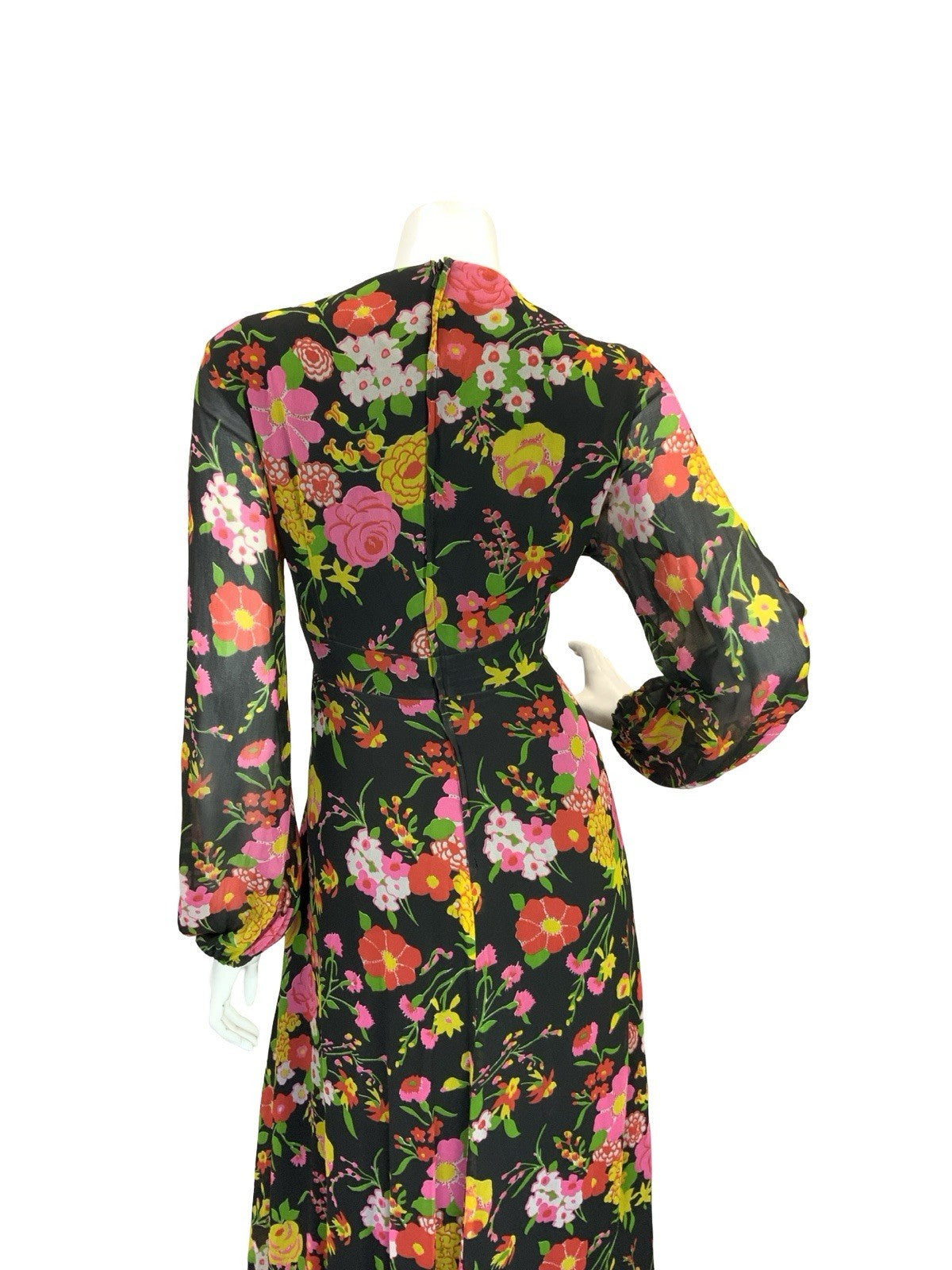 VTG 70S ROMANTIC FLORAL MAXI DRESS BLACK YELLOW PINK GREEN RED 12 14