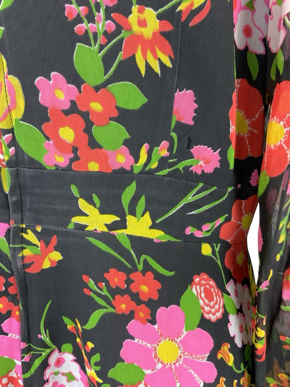 VTG 70S ROMANTIC FLORAL MAXI DRESS BLACK YELLOW PINK GREEN RED 12 14