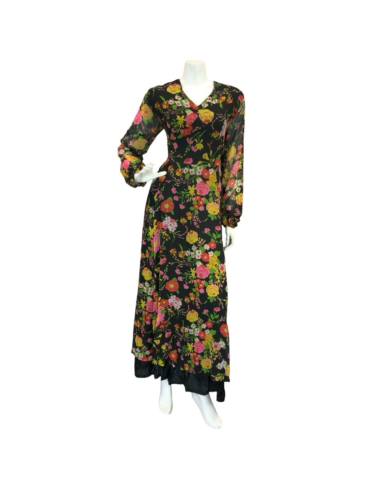 VTG 70S ROMANTIC FLORAL MAXI DRESS BLACK YELLOW PINK GREEN RED 12 14