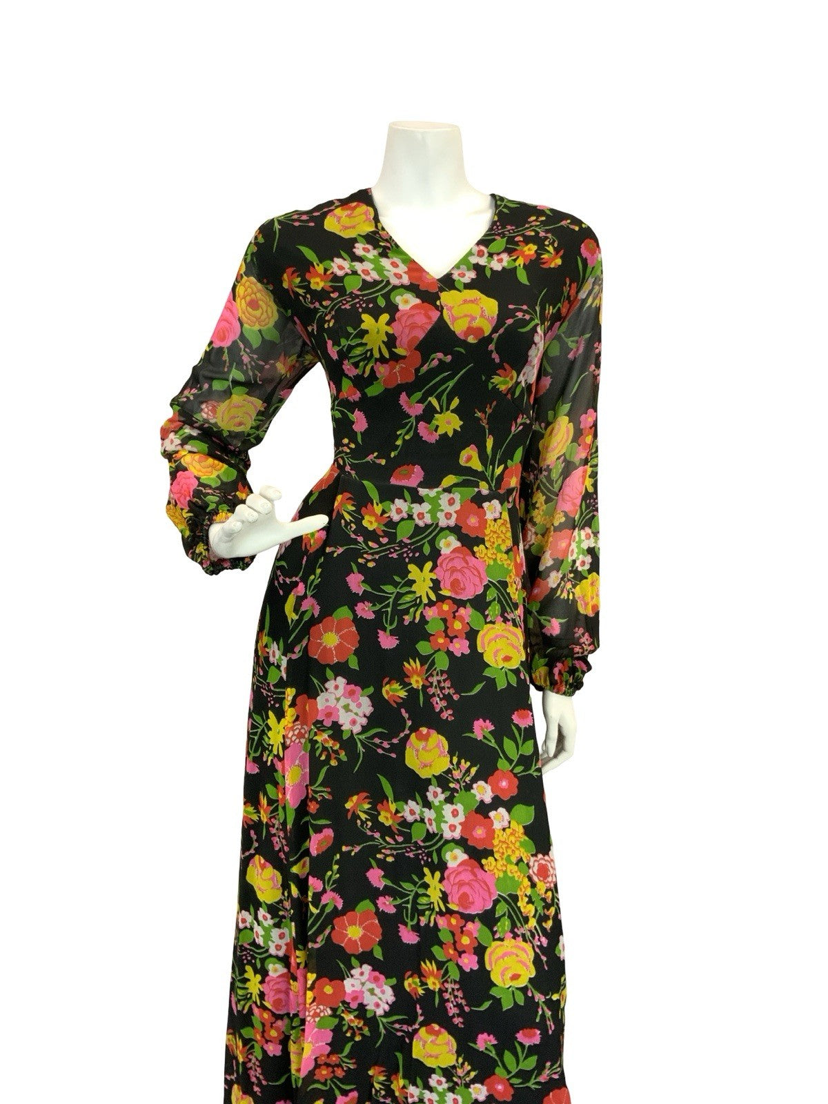 VTG 70S ROMANTIC FLORAL MAXI DRESS BLACK YELLOW PINK GREEN RED 12 14