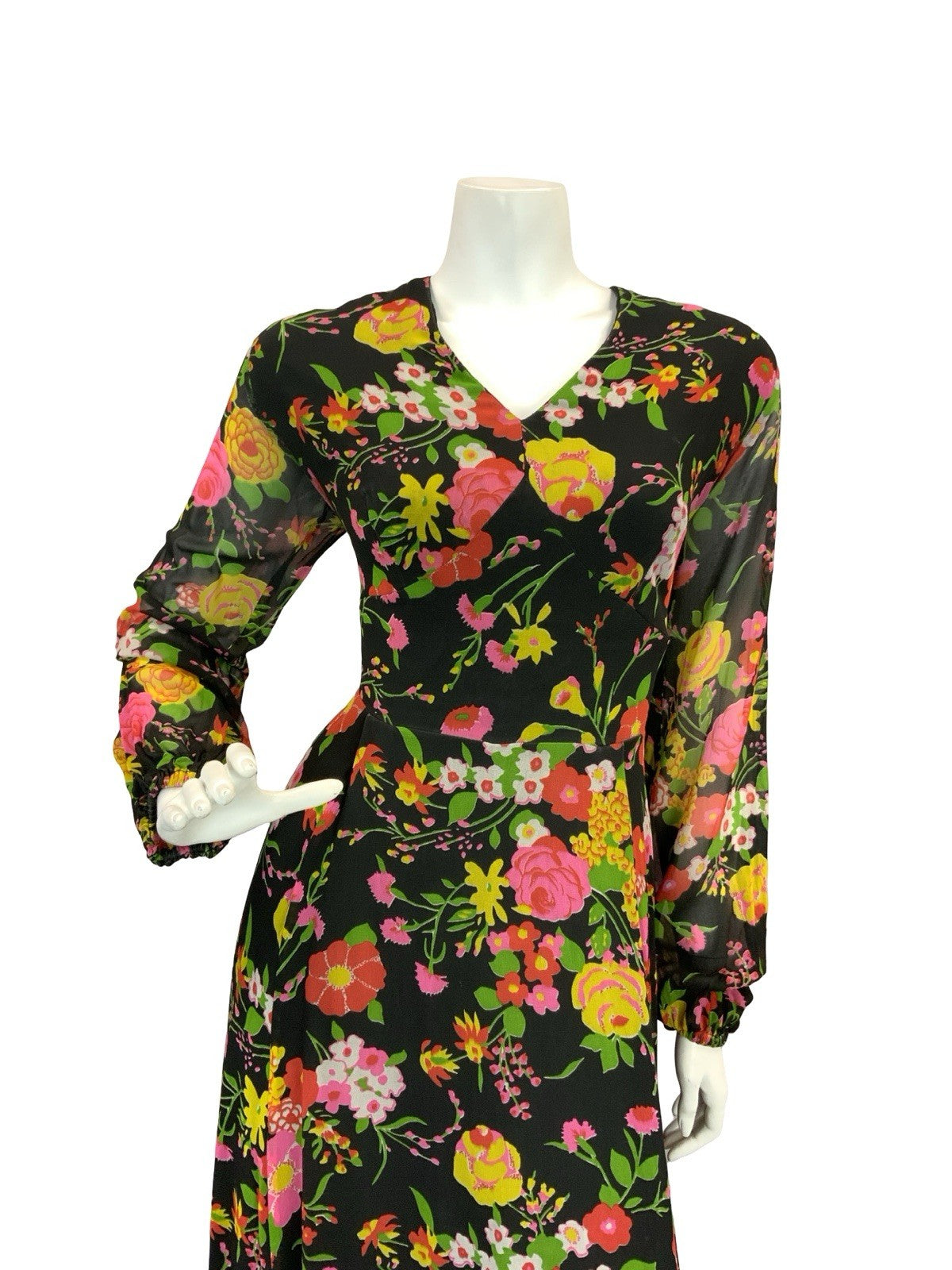 VTG 70S ROMANTIC FLORAL MAXI DRESS BLACK YELLOW PINK GREEN RED 12 14