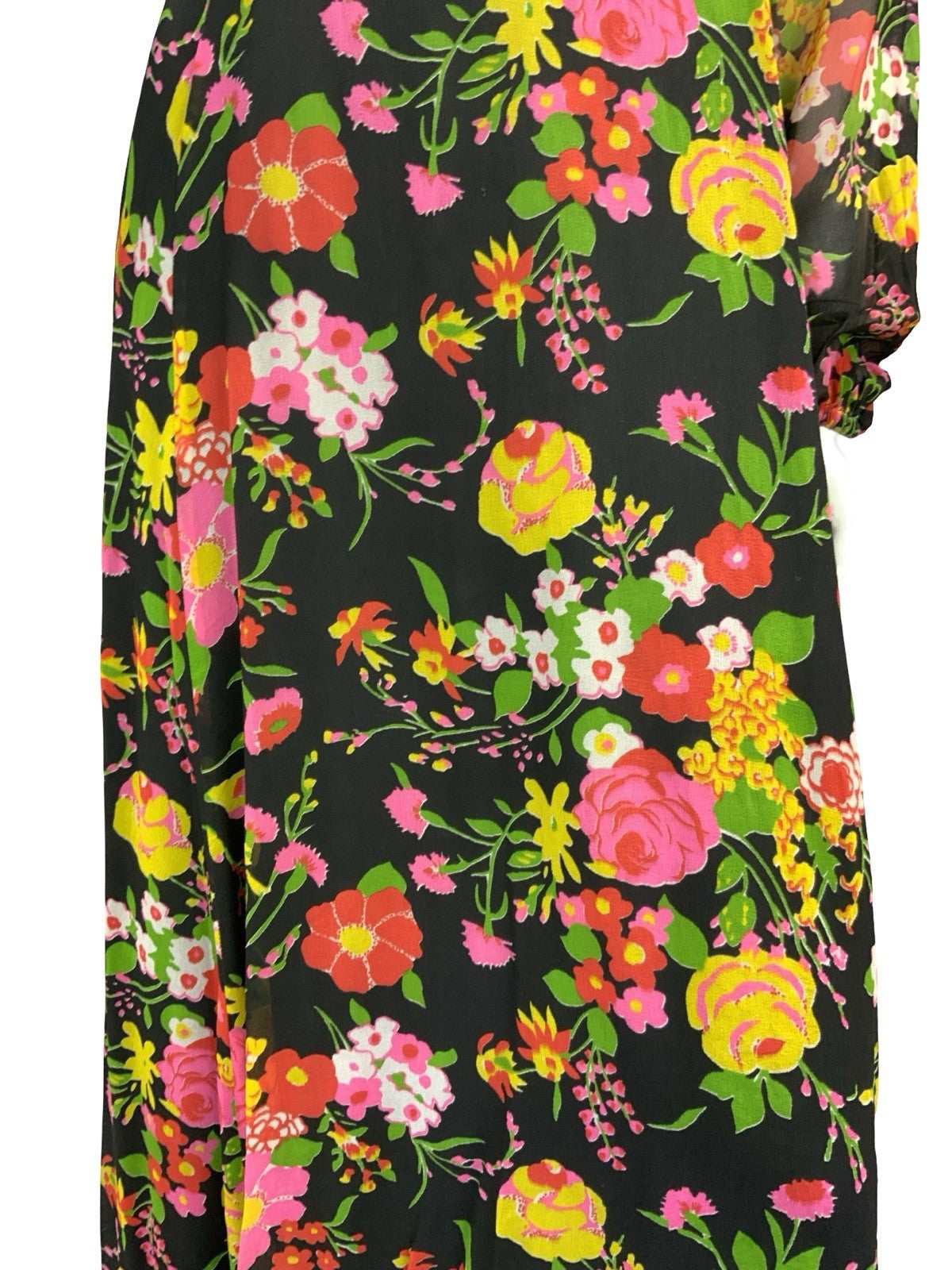 VTG 70S ROMANTIC FLORAL MAXI DRESS BLACK YELLOW PINK GREEN RED 12 14