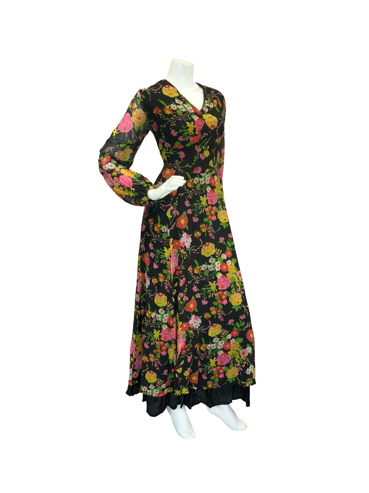 VTG 70S ROMANTIC FLORAL MAXI DRESS BLACK YELLOW PINK GREEN RED 12 14