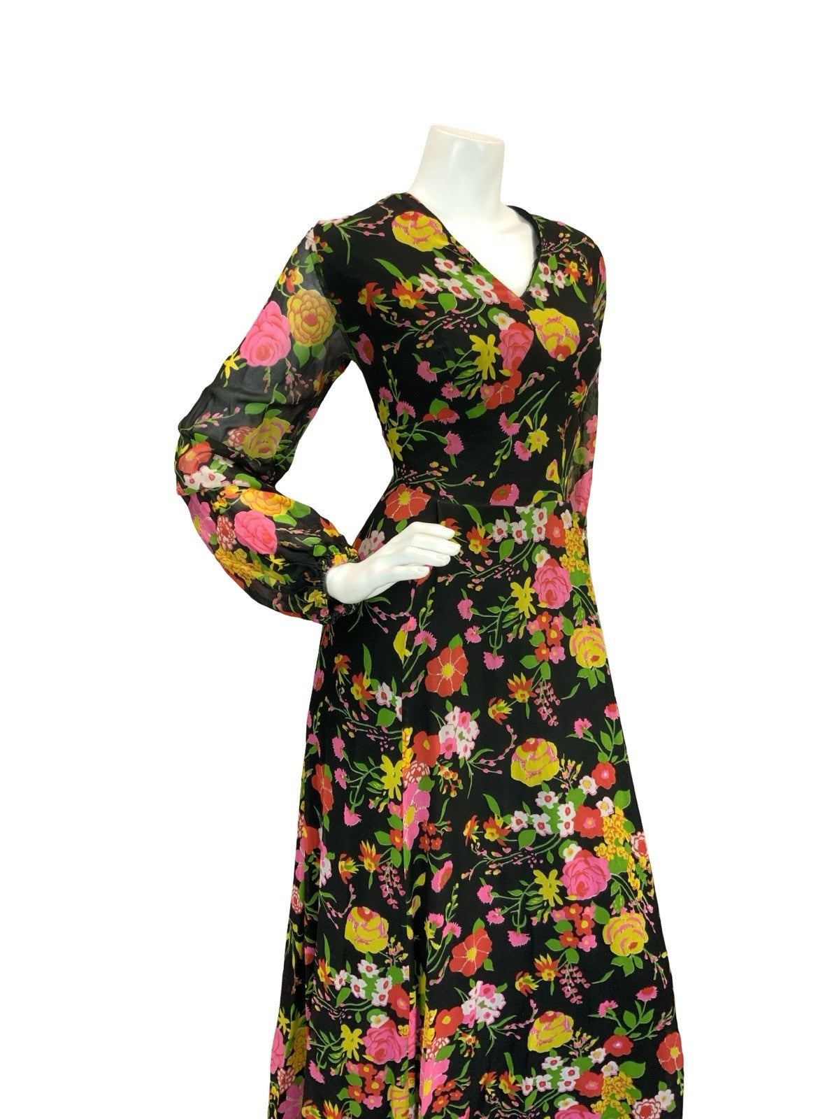 VTG 70S ROMANTIC FLORAL MAXI DRESS BLACK YELLOW PINK GREEN RED 12 14