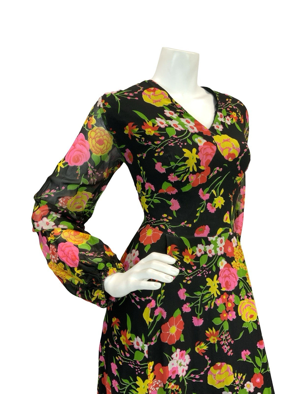 VTG 70S ROMANTIC FLORAL MAXI DRESS BLACK YELLOW PINK GREEN RED 12 14
