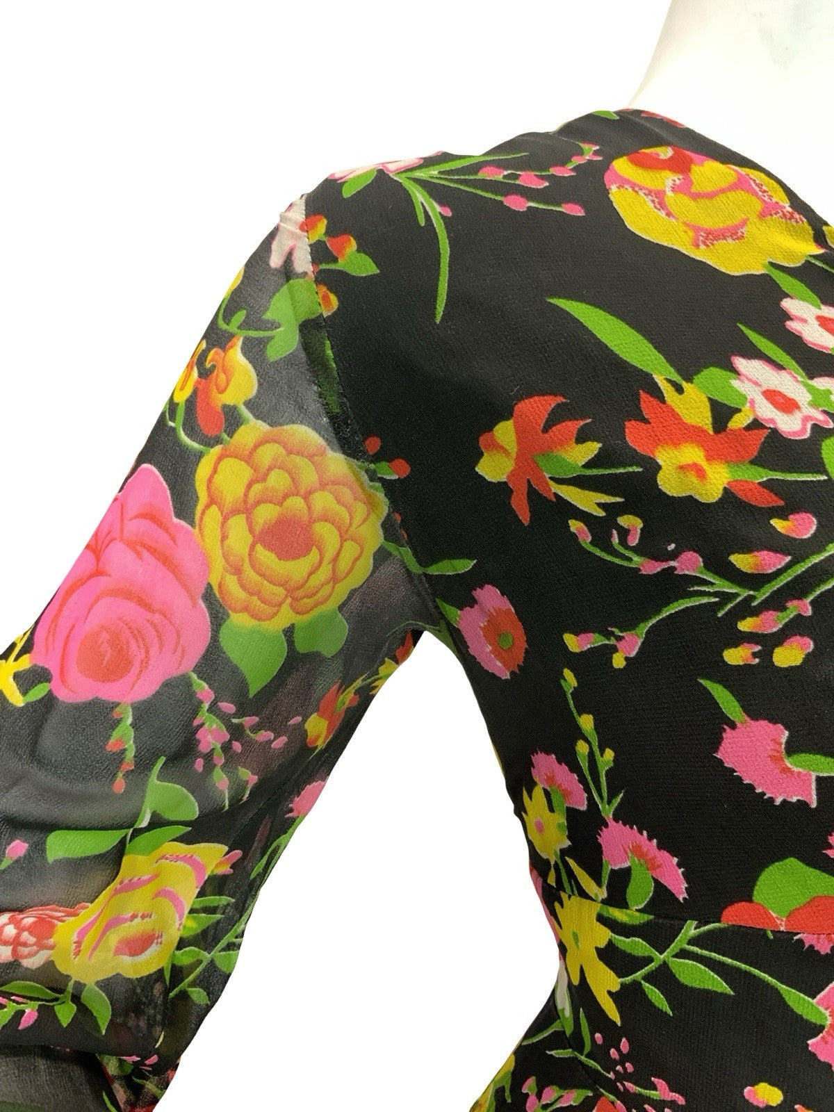 VTG 70S ROMANTIC FLORAL MAXI DRESS BLACK YELLOW PINK GREEN RED 12 14