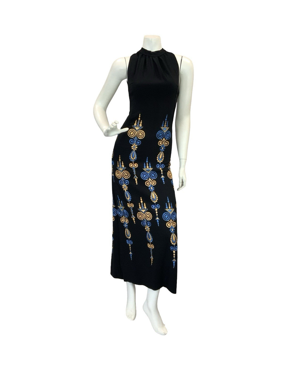 VTG BOHO 60S 70S MOD EMBROIDERY MAXI DRESS GOLD BLUE BLACK 6 8