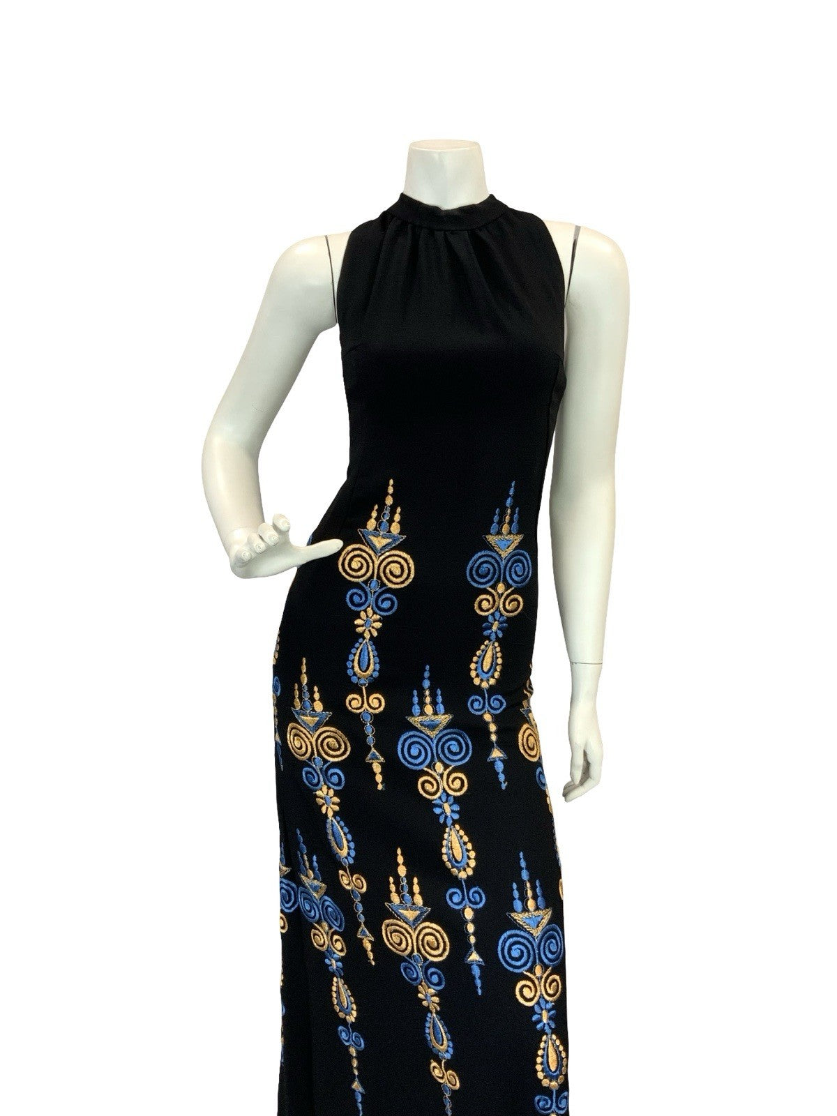 VTG BOHO 60S 70S MOD EMBROIDERY MAXI DRESS GOLD BLUE BLACK 6 8