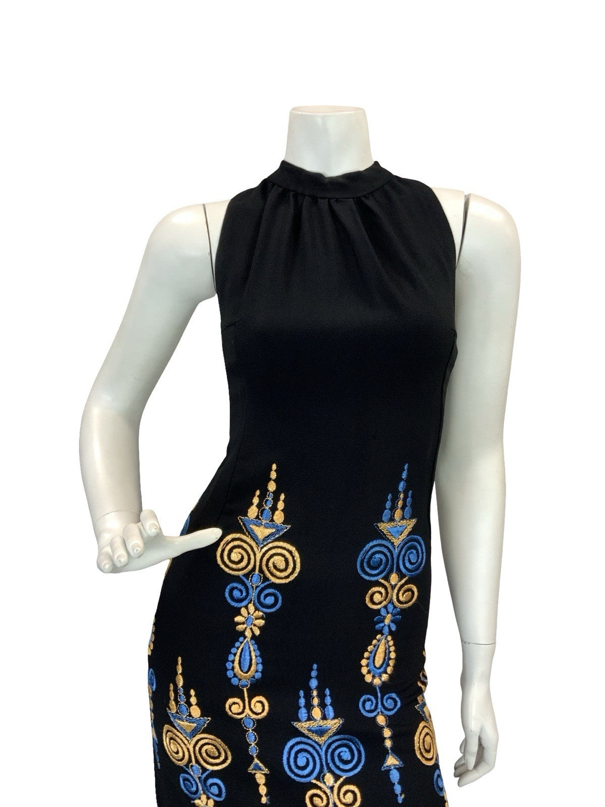 VTG BOHO 60S 70S MOD EMBROIDERY MAXI DRESS GOLD BLUE BLACK 6 8