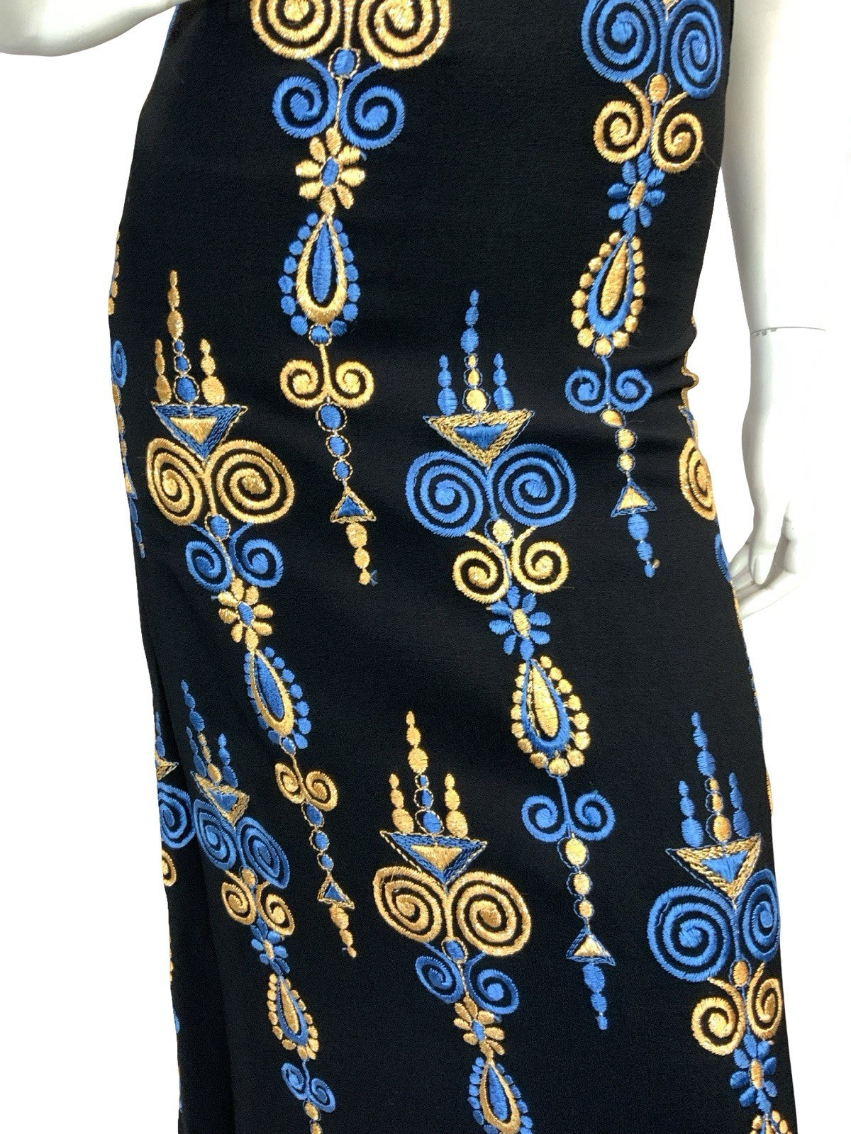 VTG BOHO 60S 70S MOD EMBROIDERY MAXI DRESS GOLD BLUE BLACK 6 8