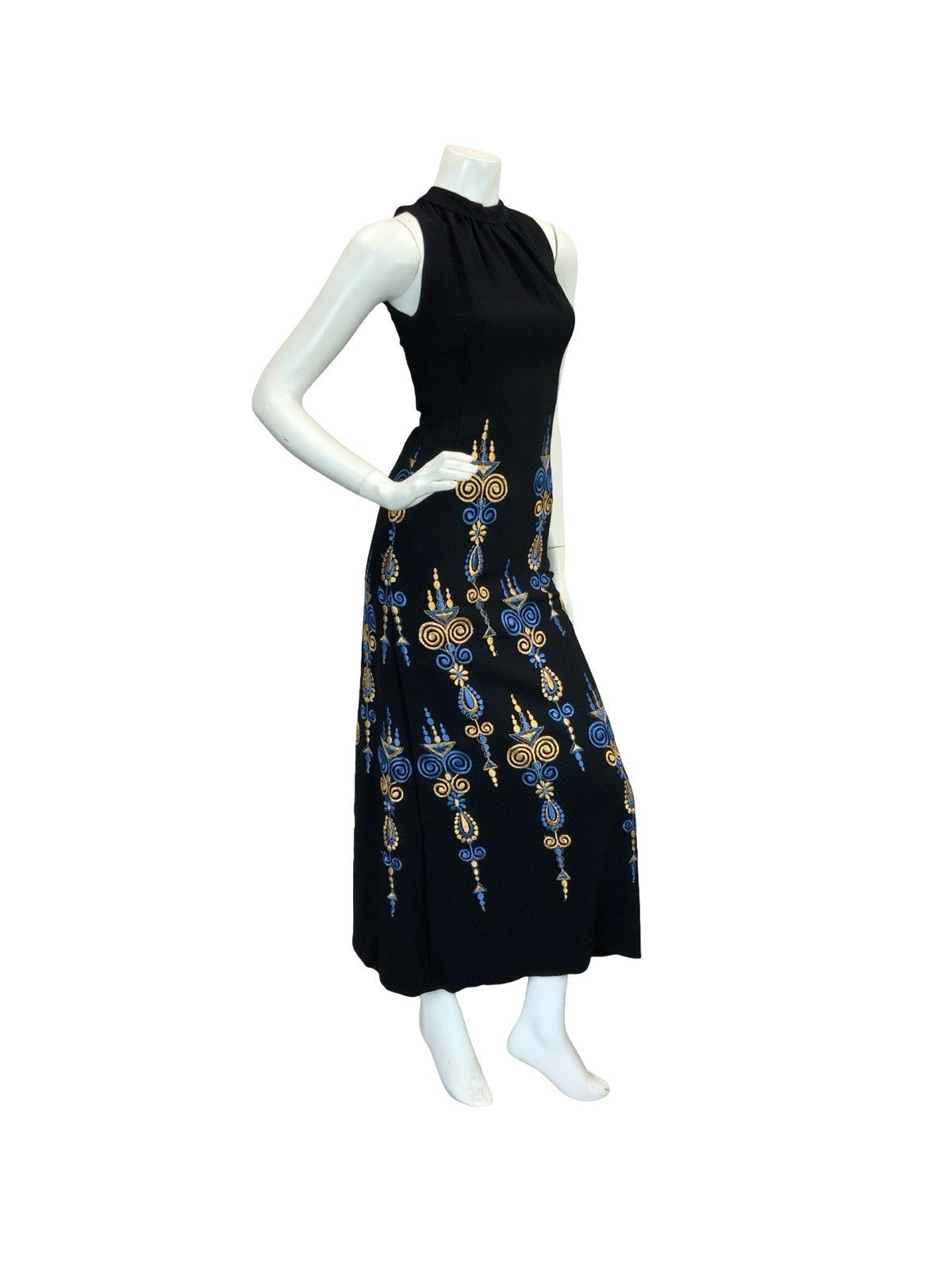 VTG BOHO 60S 70S MOD EMBROIDERY MAXI DRESS GOLD BLUE BLACK 6 8