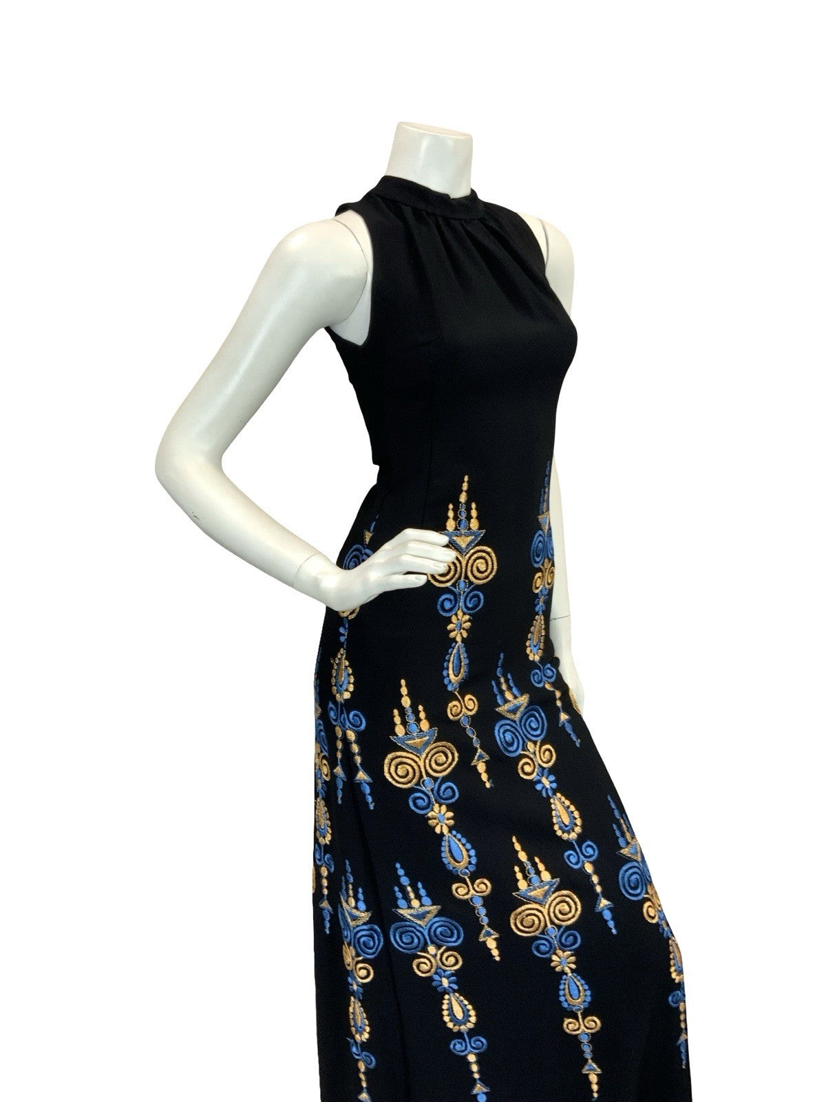 VTG BOHO 60S 70S MOD EMBROIDERY MAXI DRESS GOLD BLUE BLACK 6 8