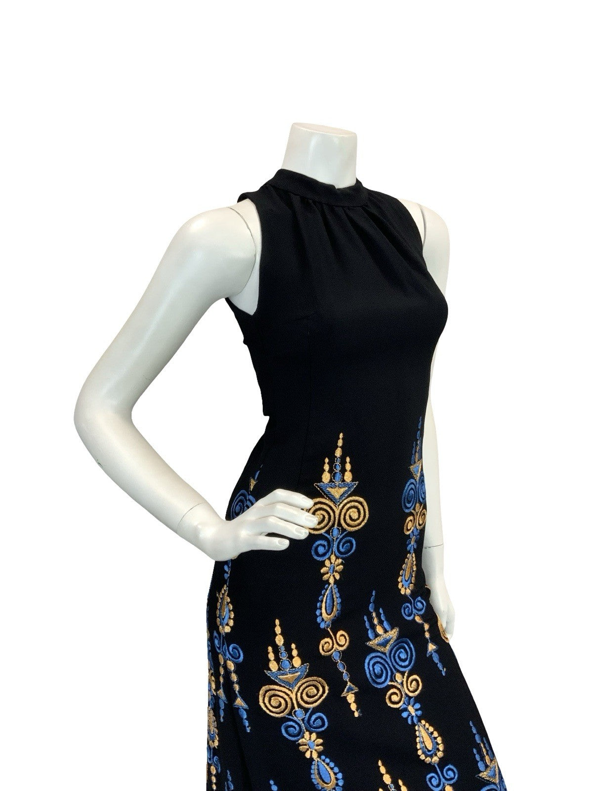 VTG BOHO 60S 70S MOD EMBROIDERY MAXI DRESS GOLD BLUE BLACK 6 8
