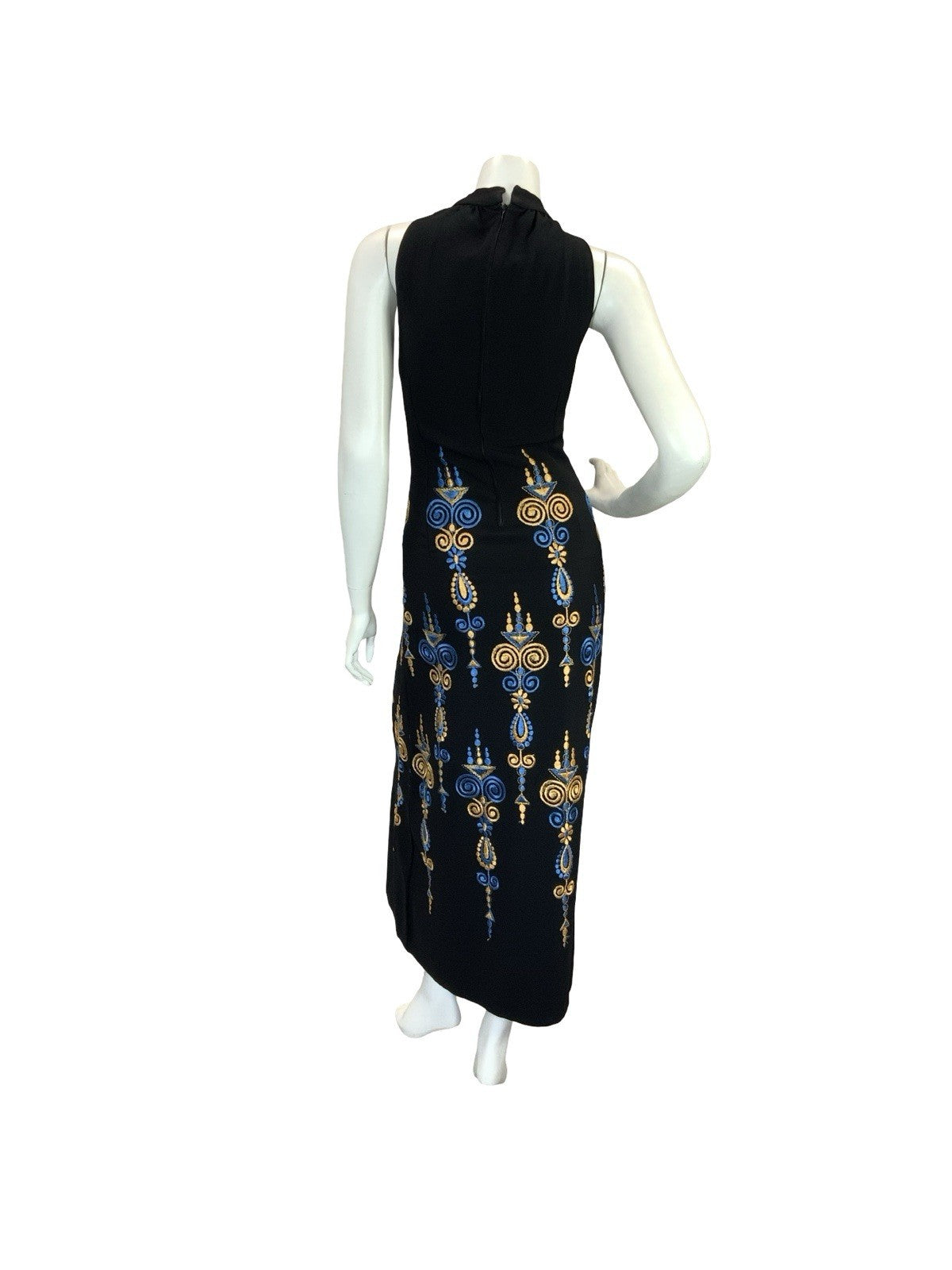 VTG BOHO 60S 70S MOD EMBROIDERY MAXI DRESS GOLD BLUE BLACK 6 8