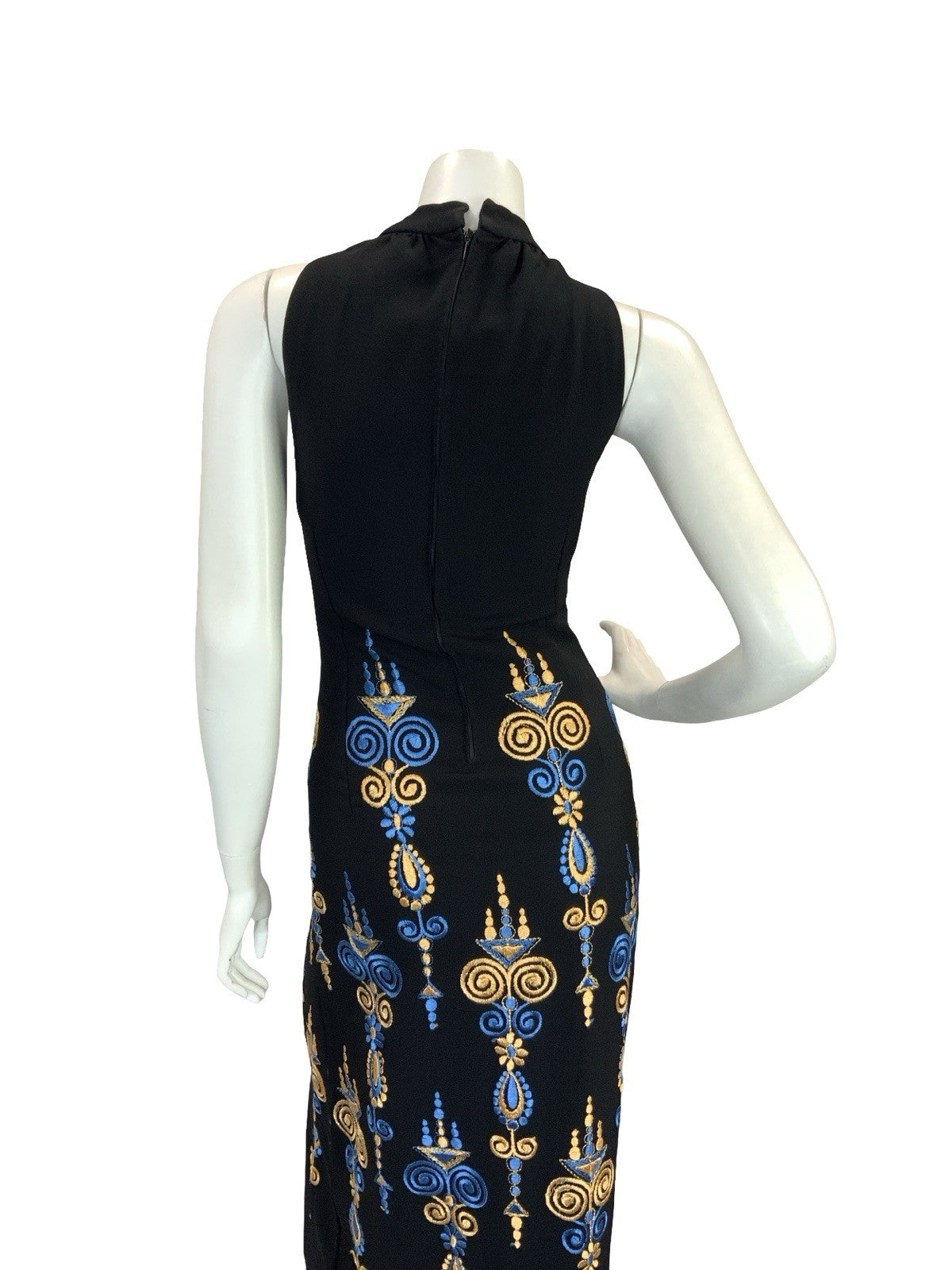 VTG BOHO 60S 70S MOD EMBROIDERY MAXI DRESS GOLD BLUE BLACK 6 8