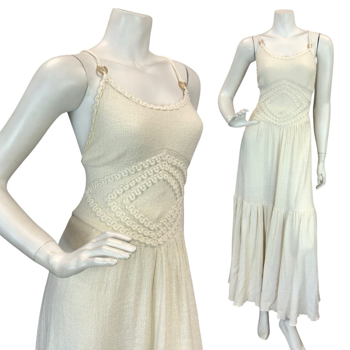 VTG 70S CREAM CROCHET BOHO KNIT FESTIVAL BOHO MAXI SUN DRESS 8 10
