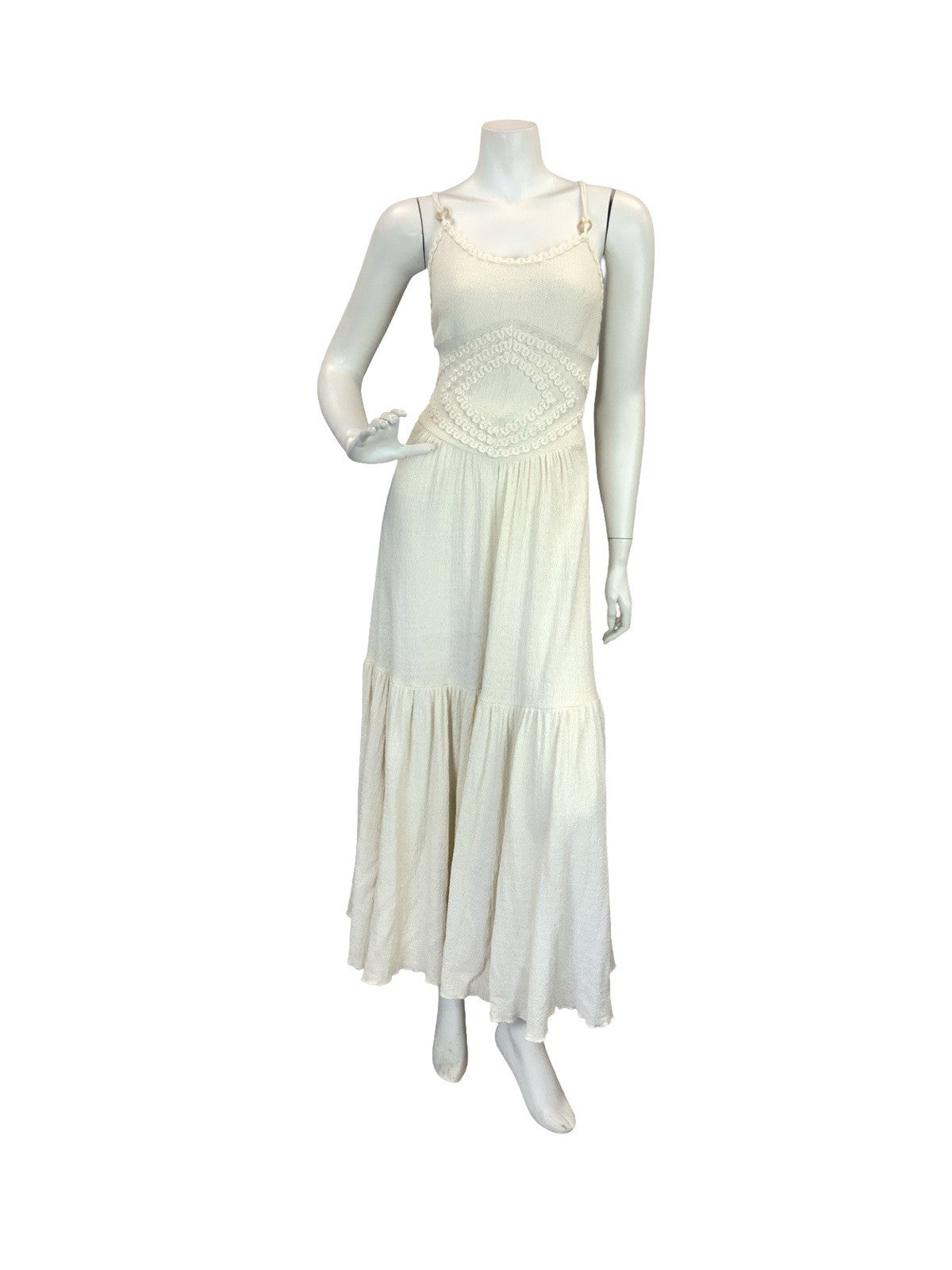 VTG 70S CREAM CROCHET BOHO KNIT FESTIVAL BOHO MAXI SUN DRESS 8 10
