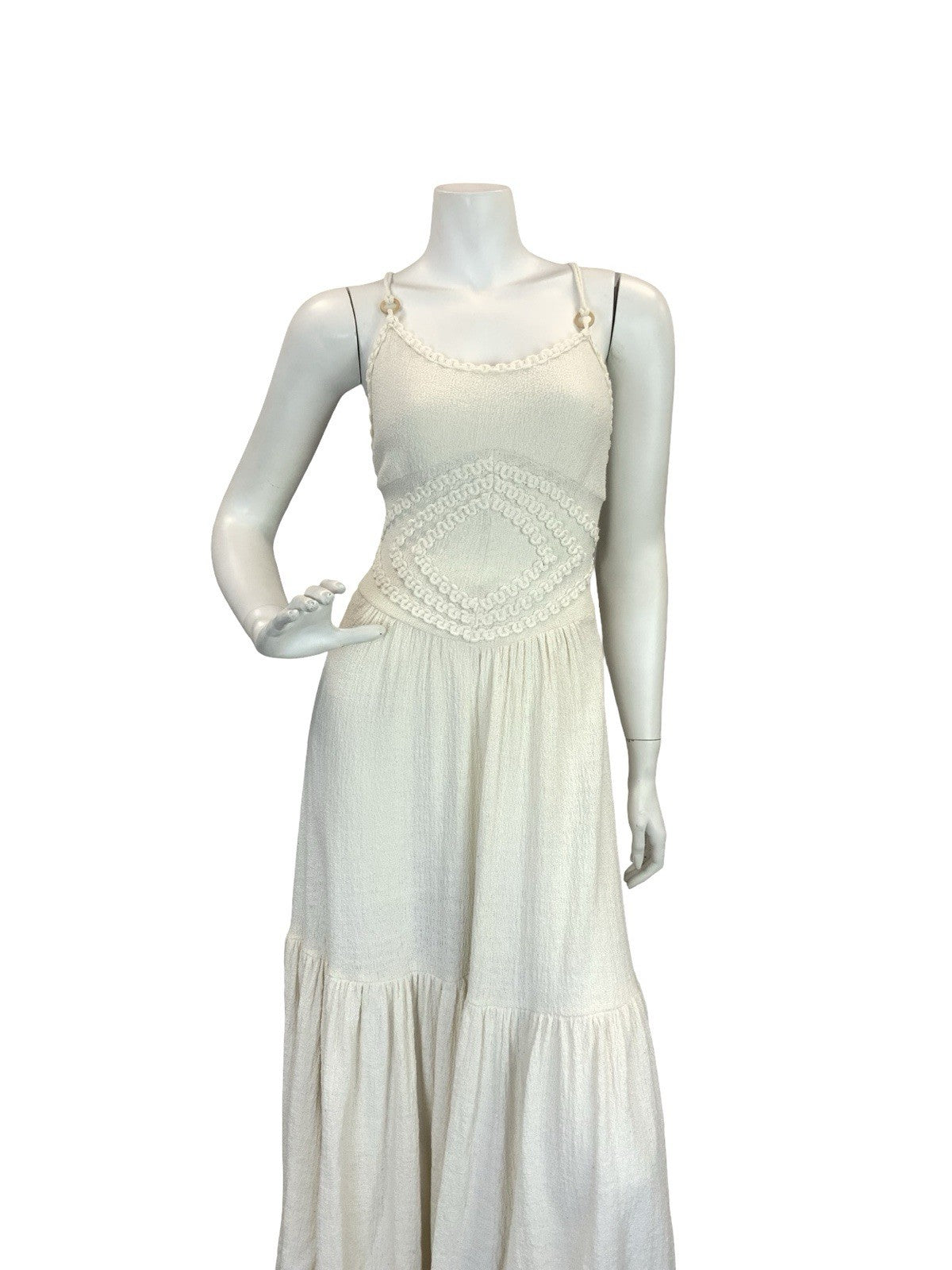VTG 70S CREAM CROCHET BOHO KNIT FESTIVAL BOHO MAXI SUN DRESS 8 10