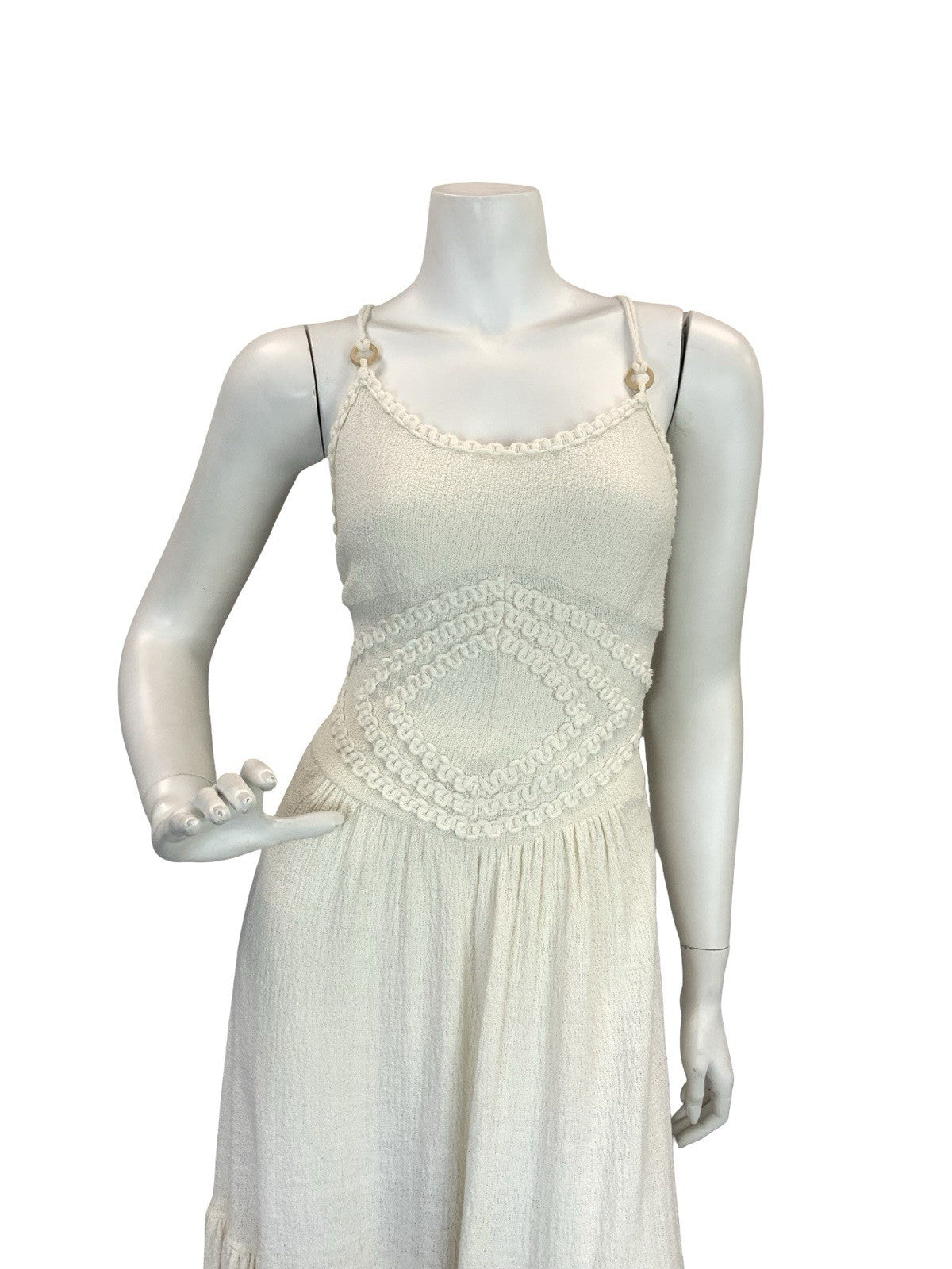 VTG 70S CREAM CROCHET BOHO KNIT FESTIVAL BOHO MAXI SUN DRESS 8 10