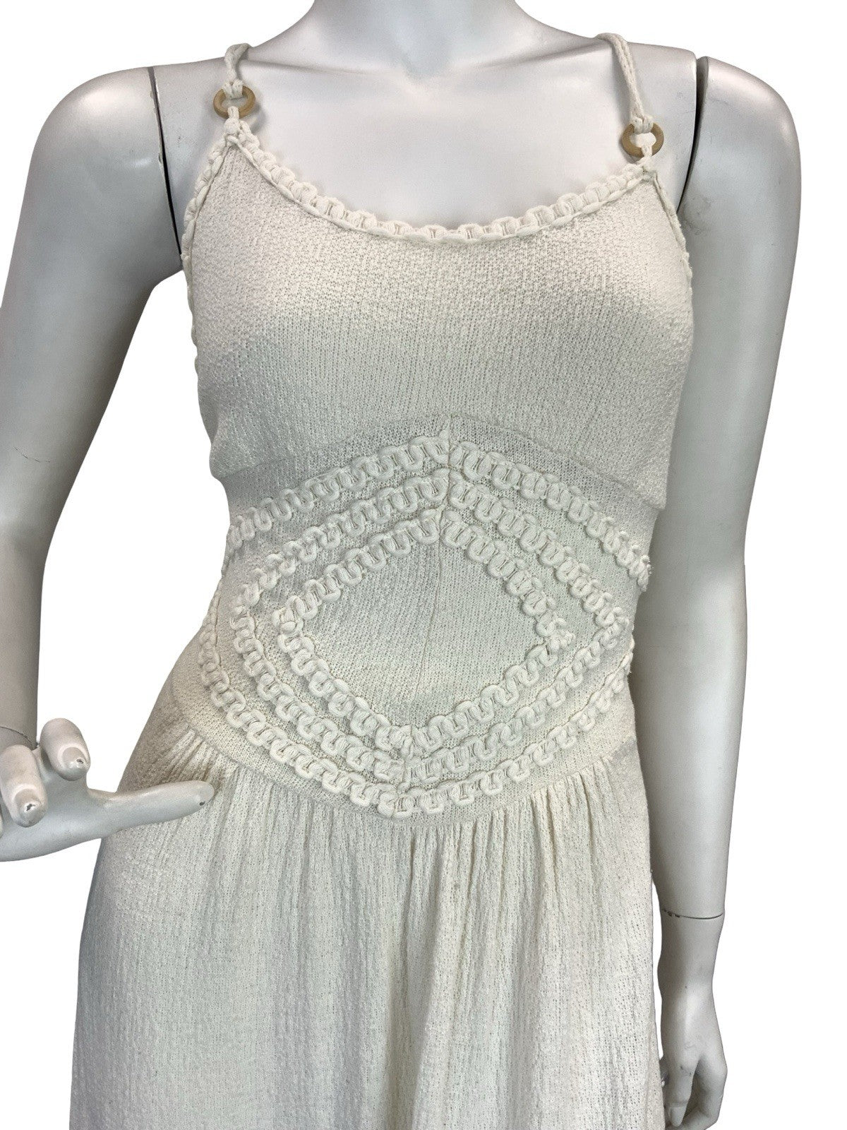 VTG 70S CREAM CROCHET BOHO KNIT FESTIVAL BOHO MAXI SUN DRESS 8 10