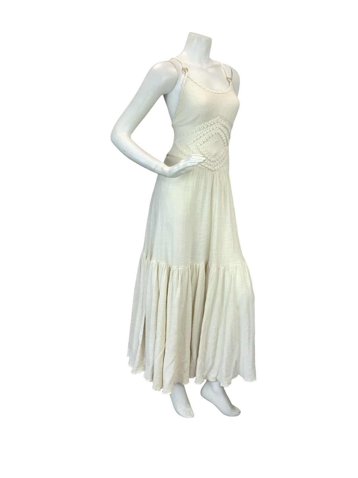 VTG 70S CREAM CROCHET BOHO KNIT FESTIVAL BOHO MAXI SUN DRESS 8 10