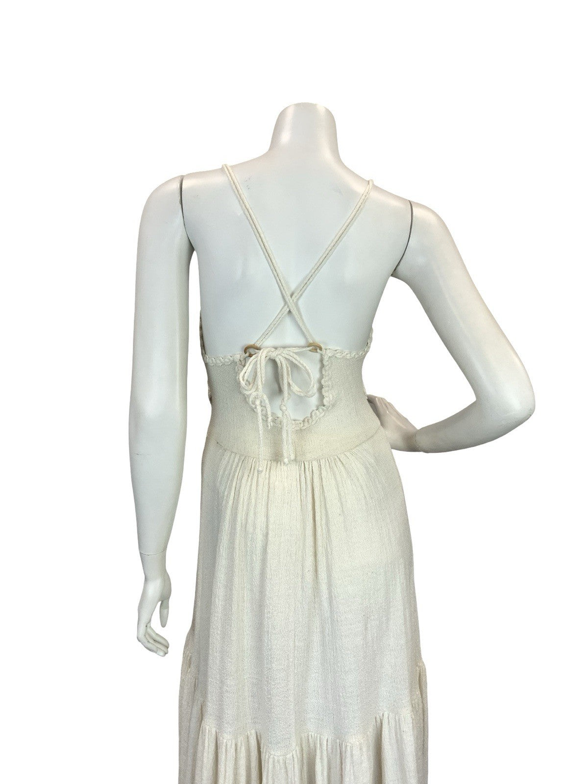 VTG 70S CREAM CROCHET BOHO KNIT FESTIVAL BOHO MAXI SUN DRESS 8 10