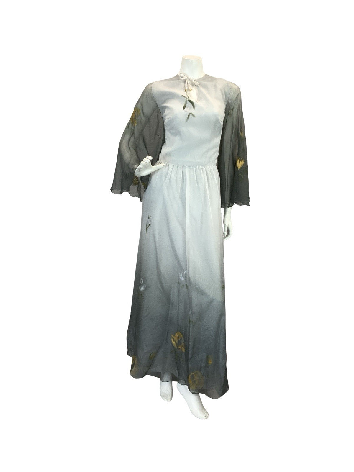 VTG 70S FLOATY SHEER MAXI DRESS SILVER GOLD GREY HAND PAINTED PRINT 10 12