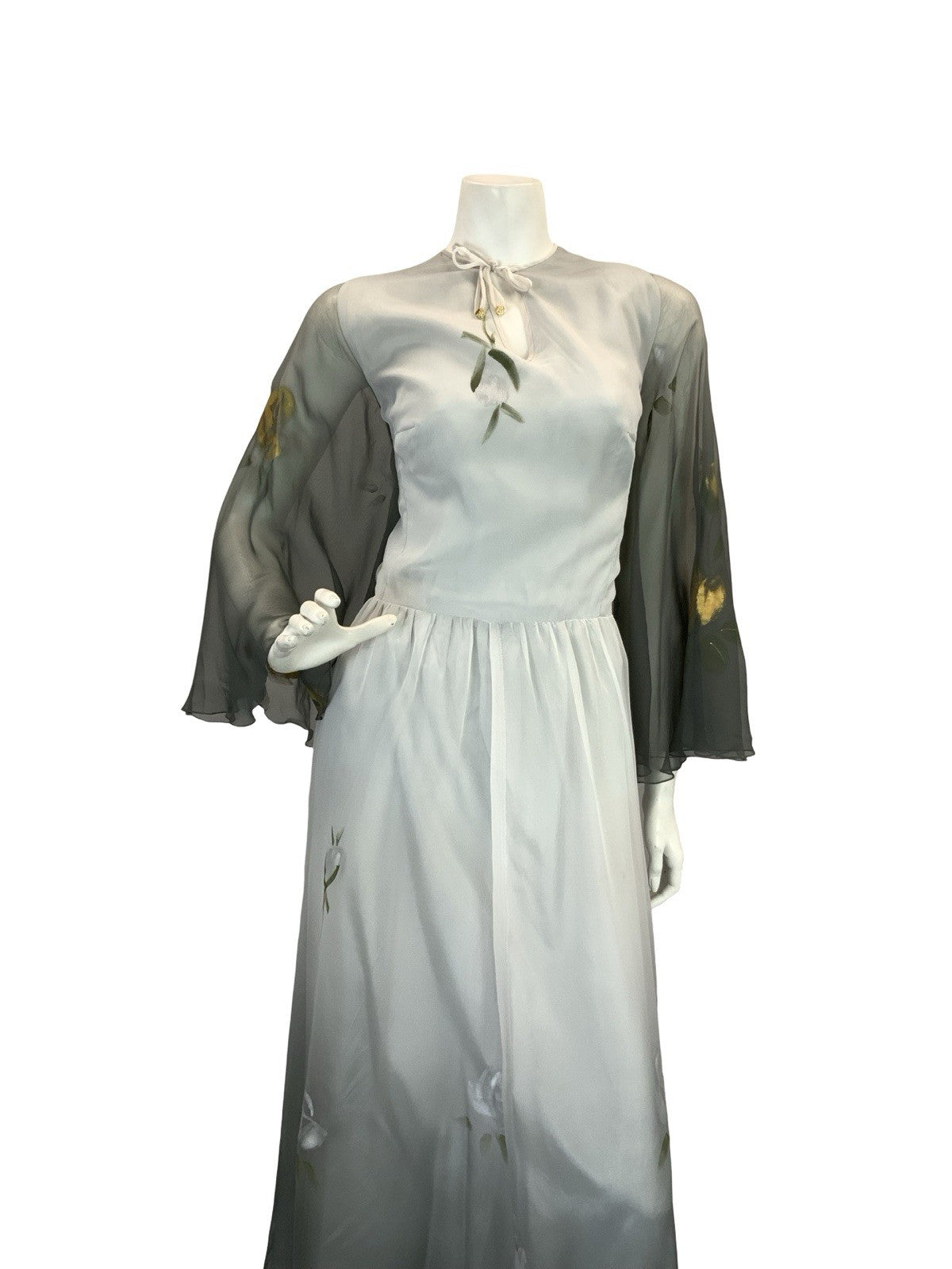 VTG 70S FLOATY SHEER MAXI DRESS SILVER GOLD GREY HAND PAINTED PRINT 10 12
