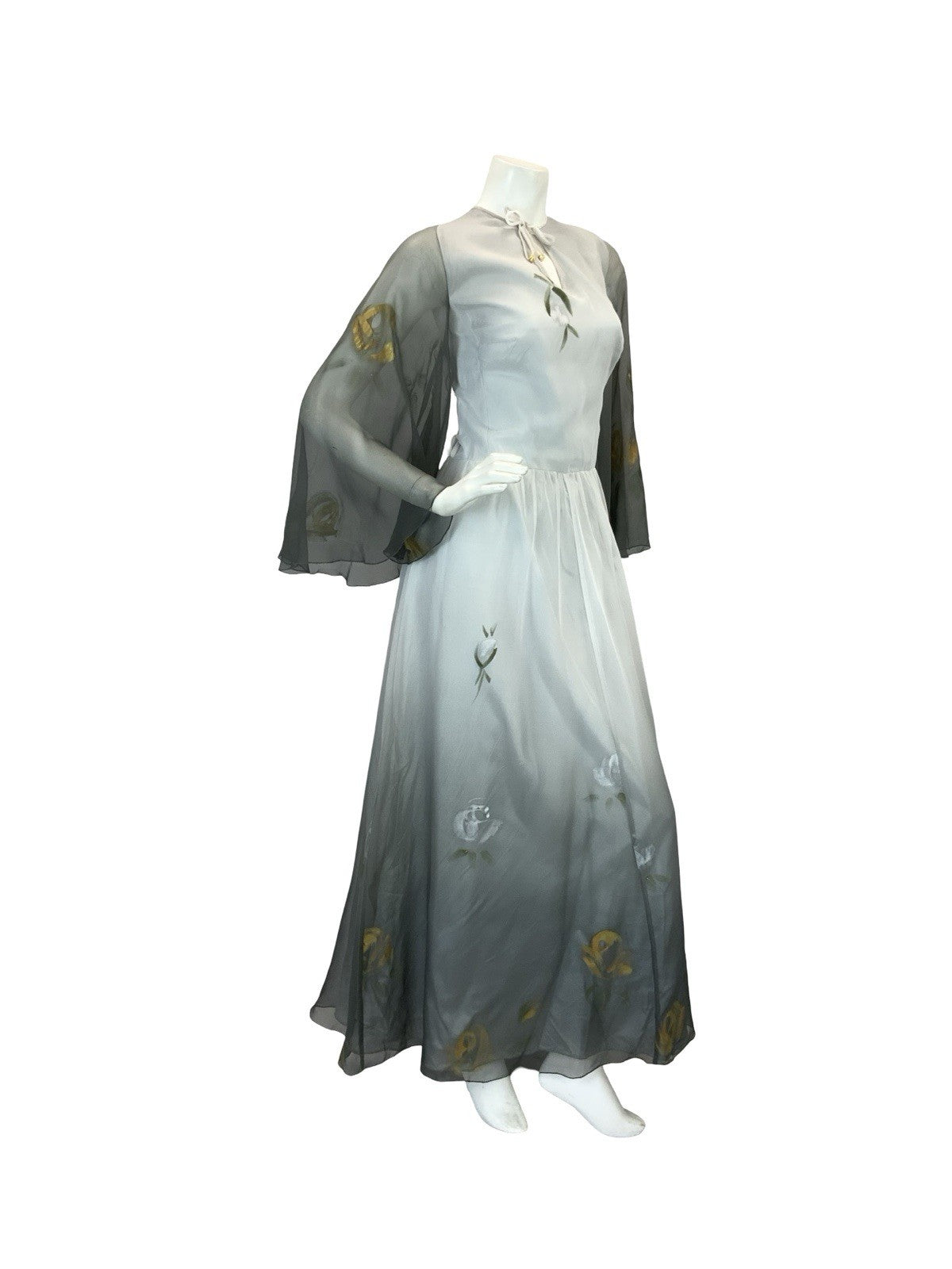 VTG 70S FLOATY SHEER MAXI DRESS SILVER GOLD GREY HAND PAINTED PRINT 10 12