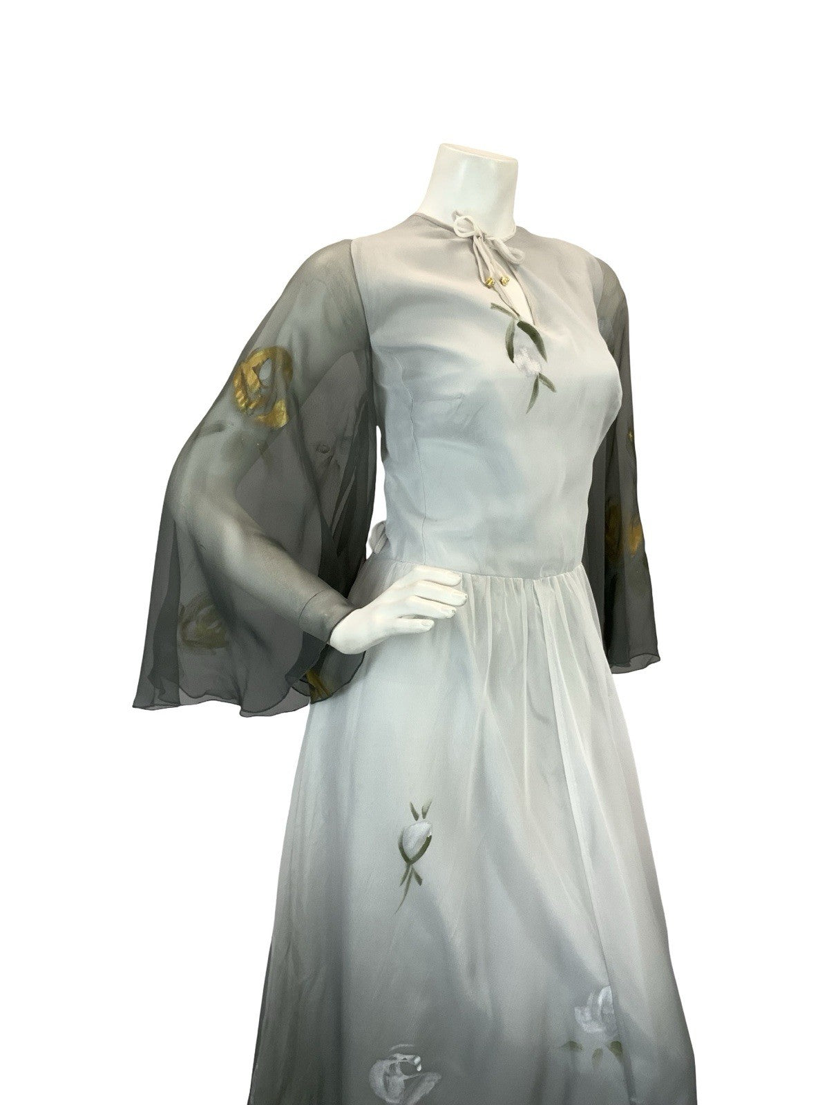 VTG 70S FLOATY SHEER MAXI DRESS SILVER GOLD GREY HAND PAINTED PRINT 10 12