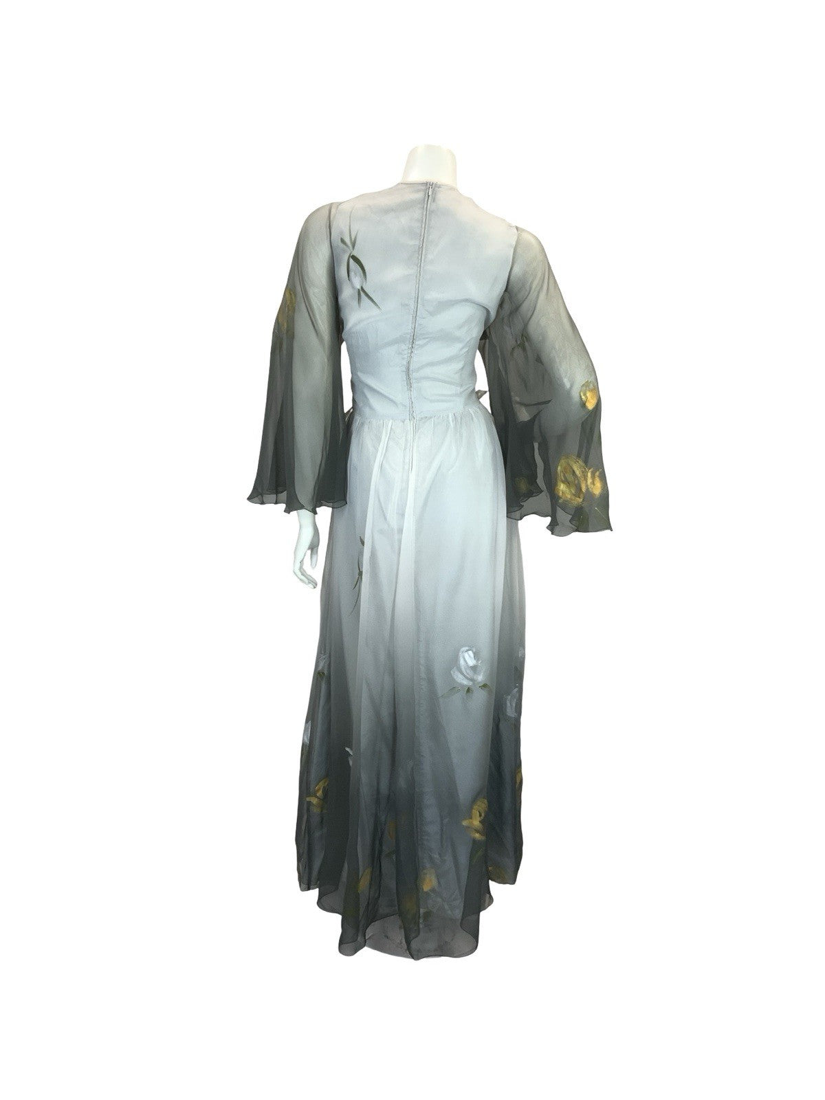 VTG 70S FLOATY SHEER MAXI DRESS SILVER GOLD GREY HAND PAINTED PRINT 10 12