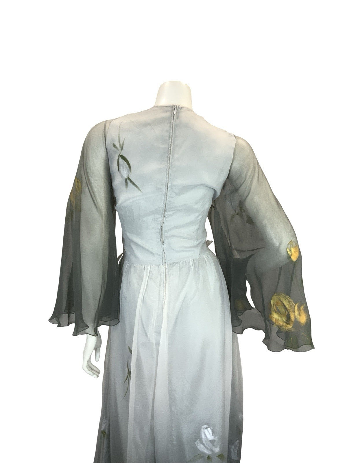 VTG 70S FLOATY SHEER MAXI DRESS SILVER GOLD GREY HAND PAINTED PRINT 10 12