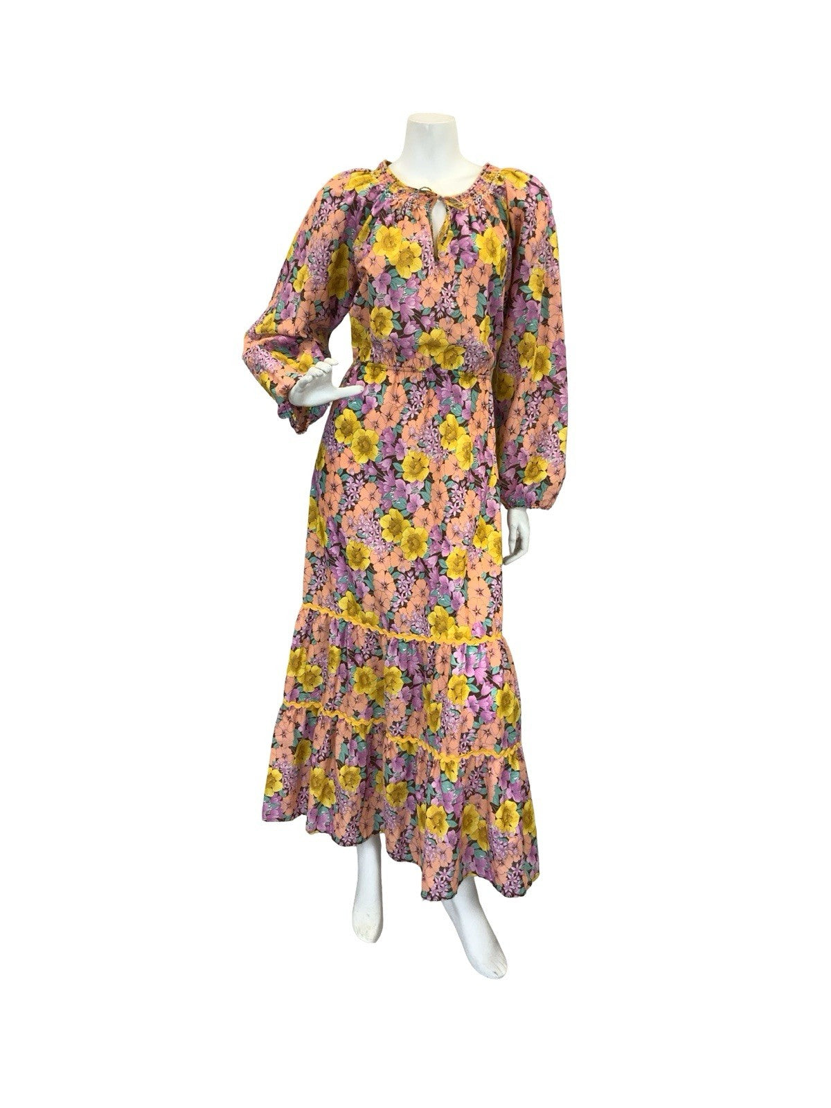 VTG 70S RUFFLE HEM MAXI DRESS FLORAL 10 12 14 YELLOW PEACH PURPLE PINK