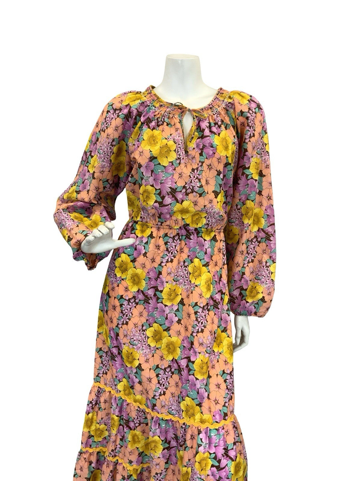 VTG 70S RUFFLE HEM MAXI DRESS FLORAL 10 12 14 YELLOW PEACH PURPLE PINK