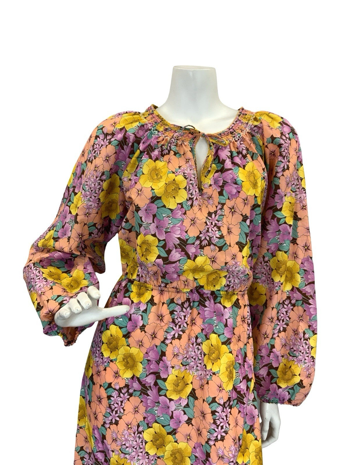 VTG 70S RUFFLE HEM MAXI DRESS FLORAL 10 12 14 YELLOW PEACH PURPLE PINK