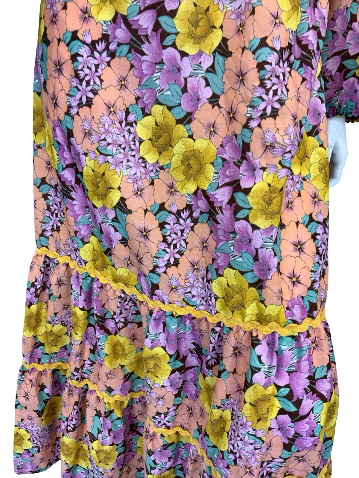 VTG 70S RUFFLE HEM MAXI DRESS FLORAL 10 12 14 YELLOW PEACH PURPLE PINK