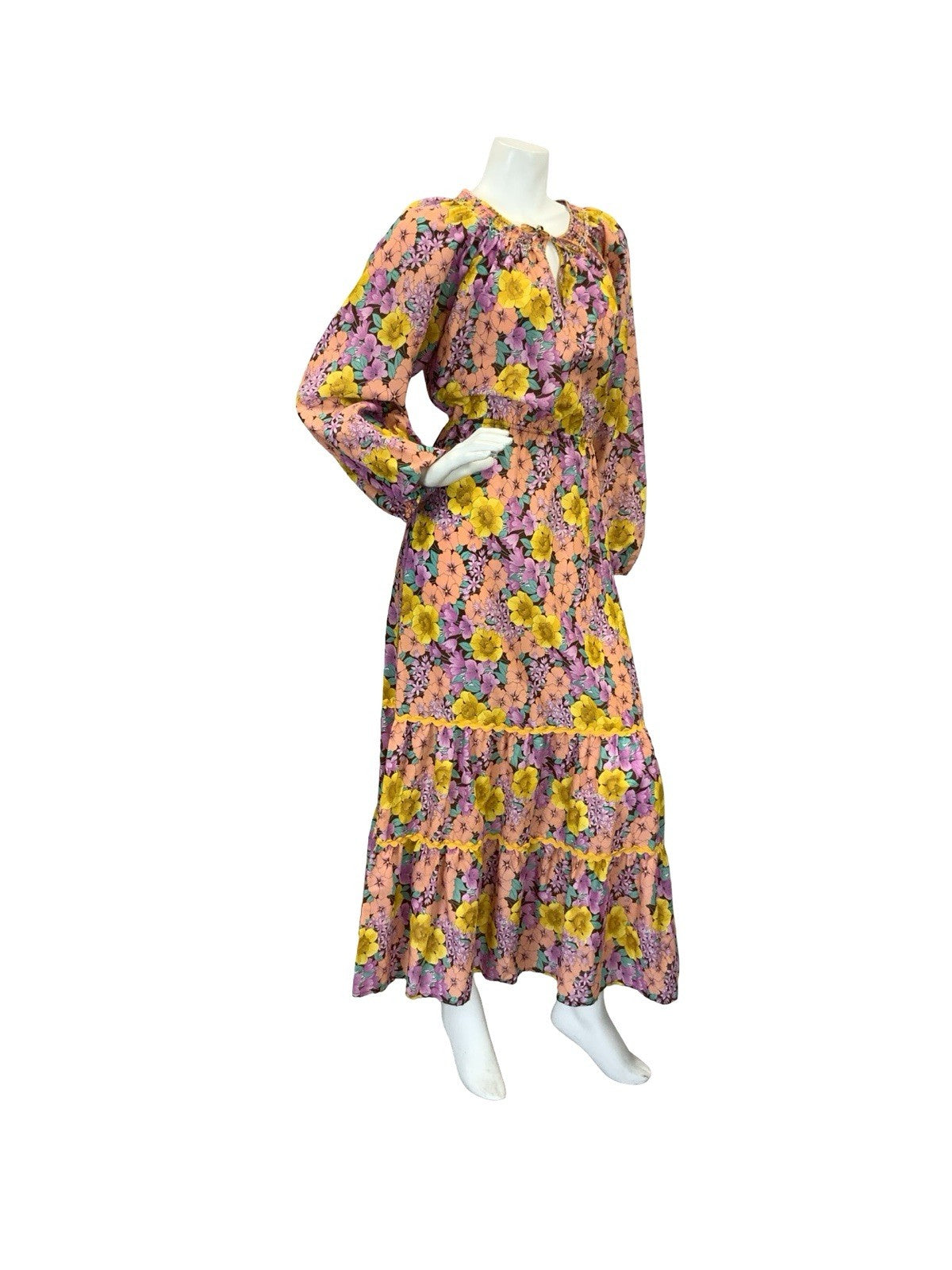 VTG 70S RUFFLE HEM MAXI DRESS FLORAL 10 12 14 YELLOW PEACH PURPLE PINK