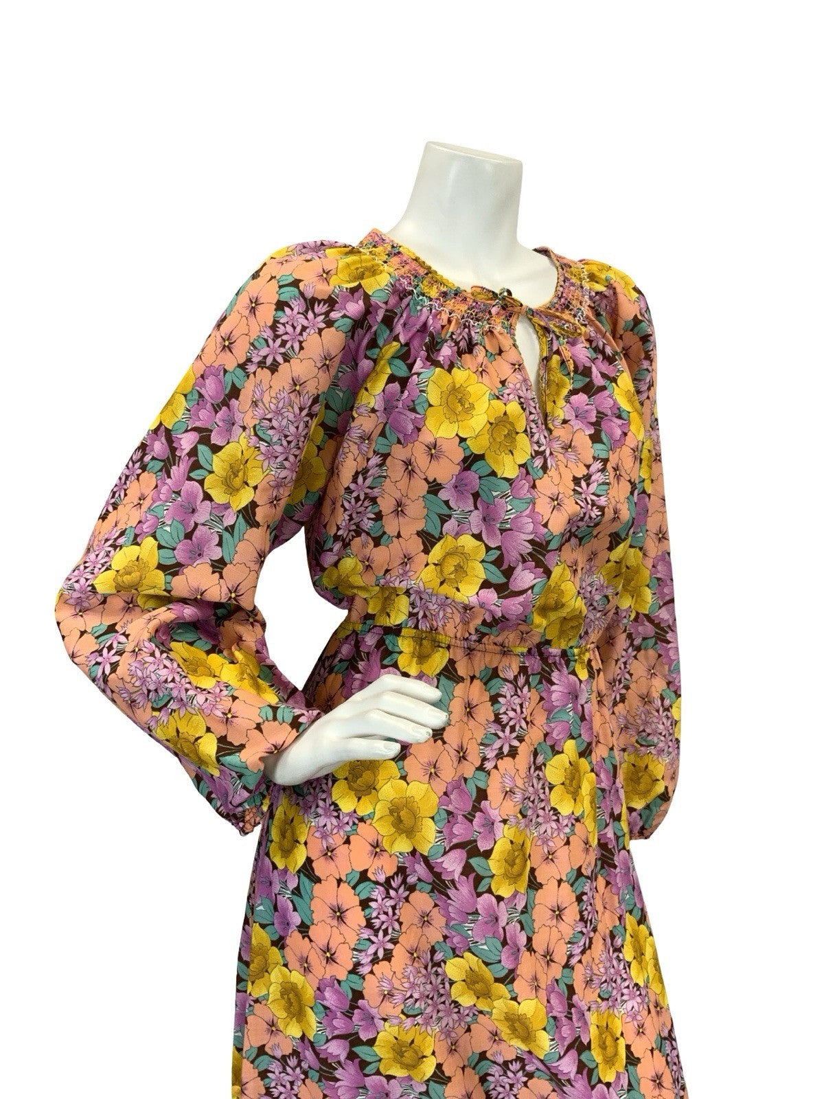 VTG 70S RUFFLE HEM MAXI DRESS FLORAL 10 12 14 YELLOW PEACH PURPLE PINK