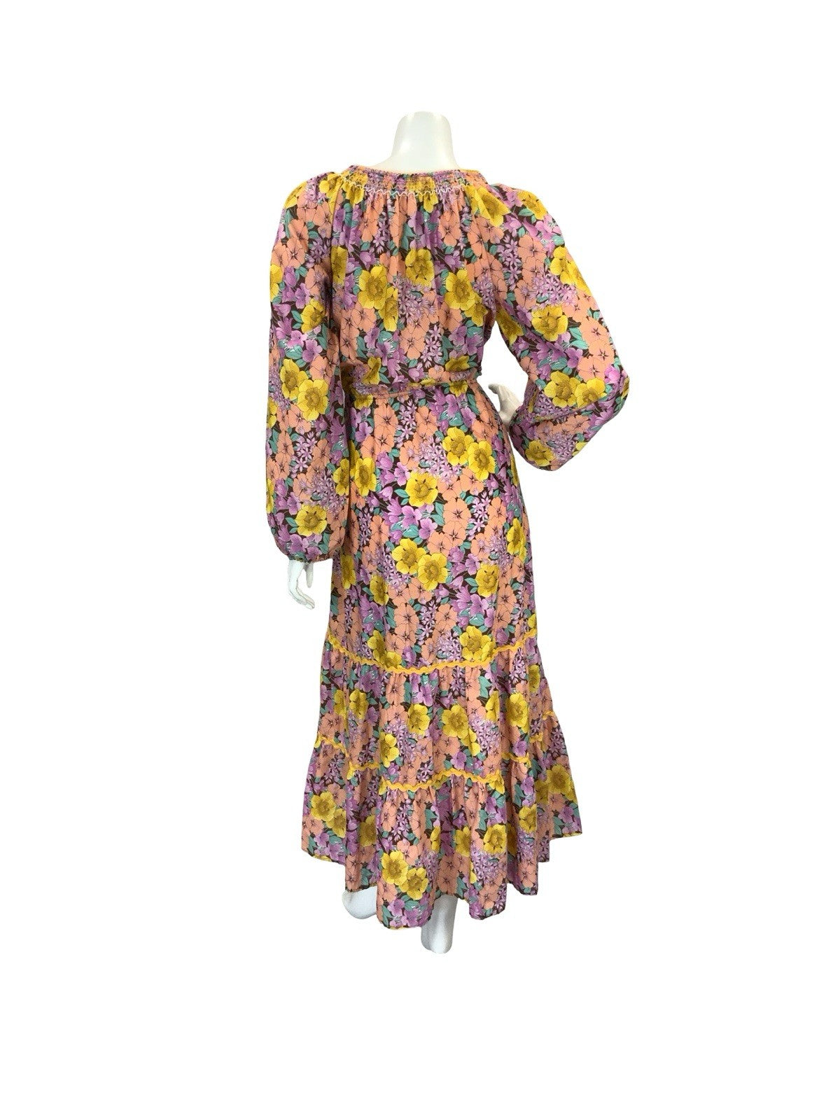 VTG 70S RUFFLE HEM MAXI DRESS FLORAL 10 12 14 YELLOW PEACH PURPLE PINK