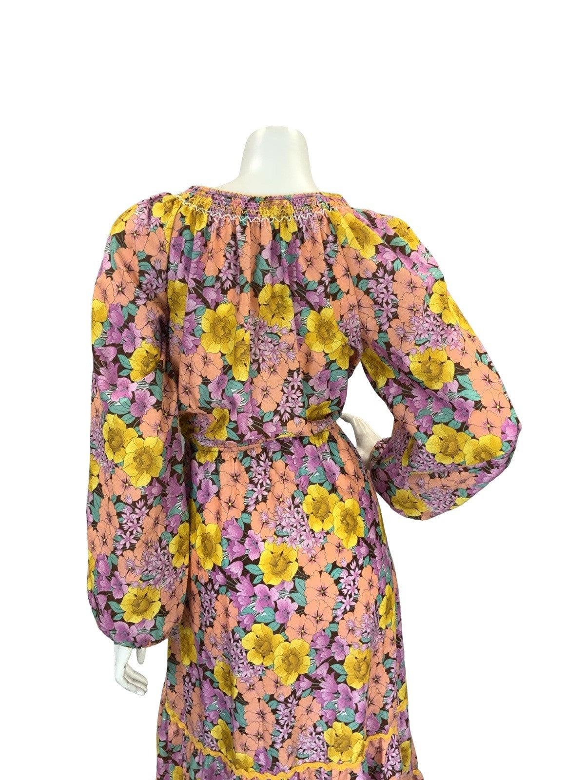 VTG 70S RUFFLE HEM MAXI DRESS FLORAL 10 12 14 YELLOW PEACH PURPLE PINK