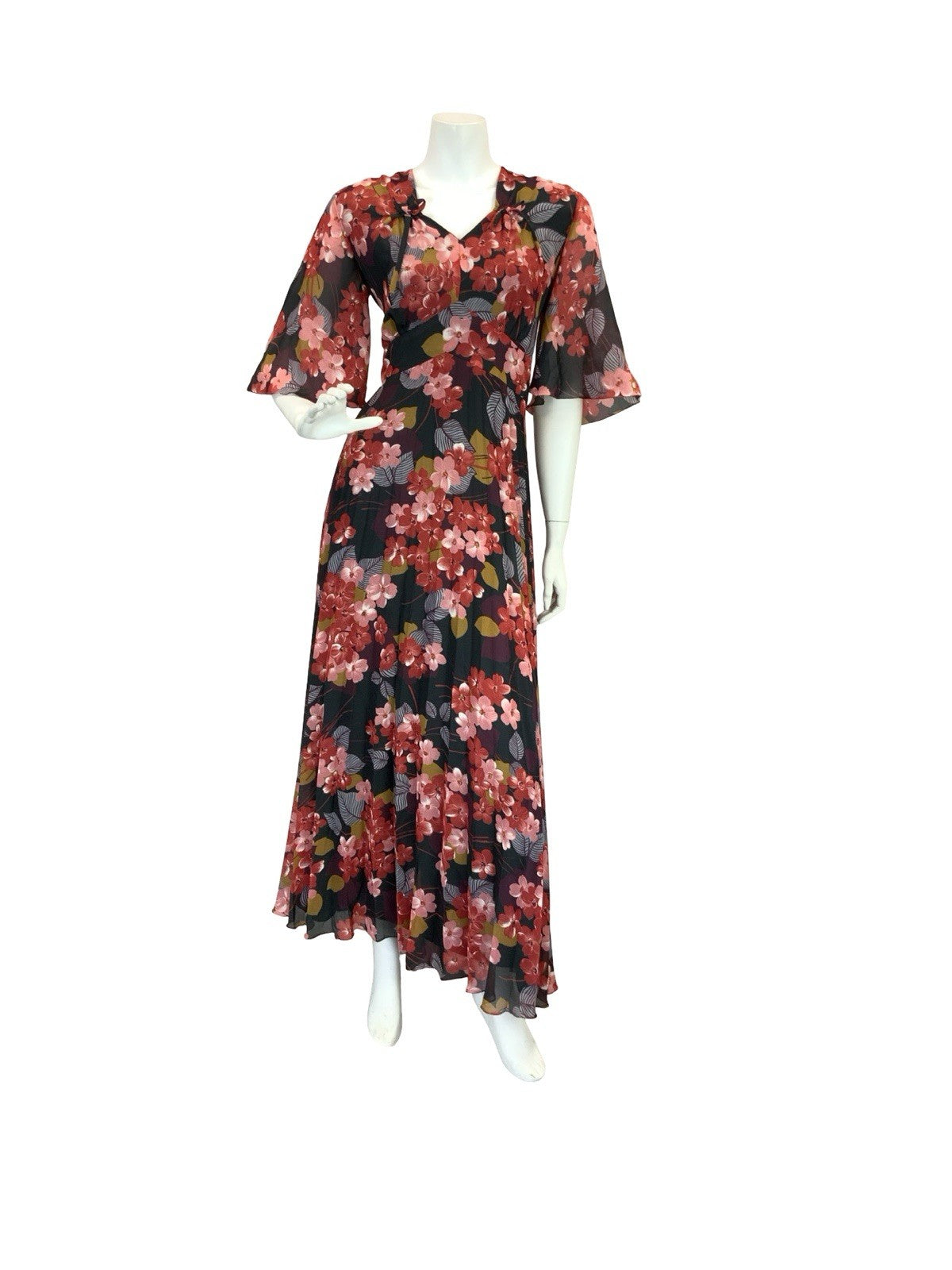 VTG 70S ROMANTIC FLORAL BUTTERFLY SLEEVE MAXI DRESS BLACK RED PINK WINE 12 14