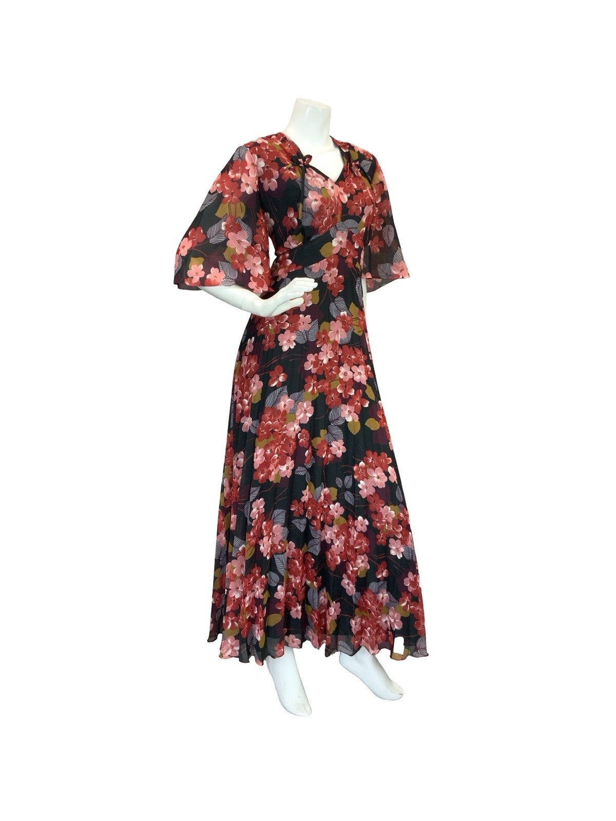 VTG 70S ROMANTIC FLORAL BUTTERFLY SLEEVE MAXI DRESS BLACK RED PINK WINE 12 14