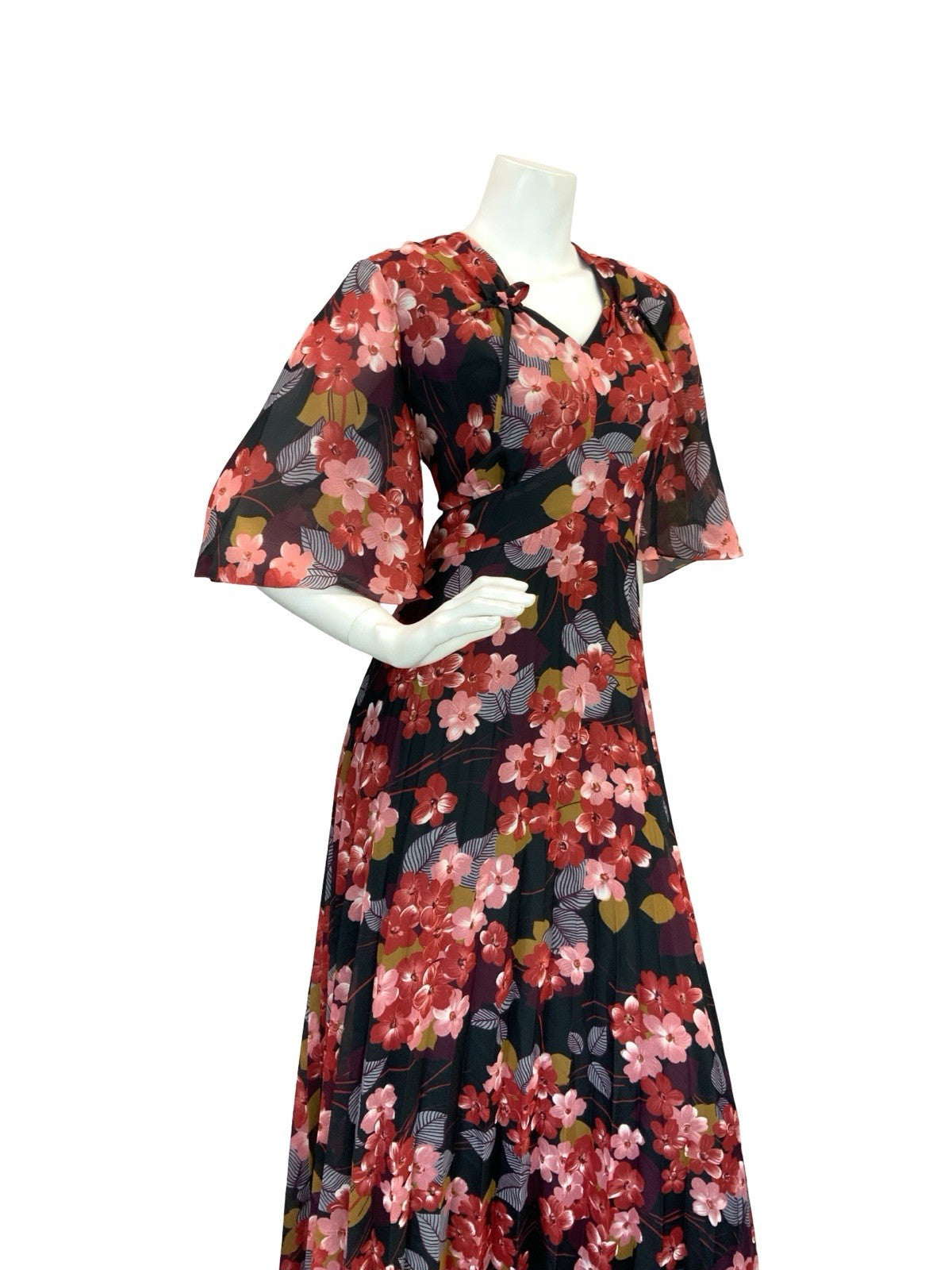 VTG 70S ROMANTIC FLORAL BUTTERFLY SLEEVE MAXI DRESS BLACK RED PINK WINE 12 14