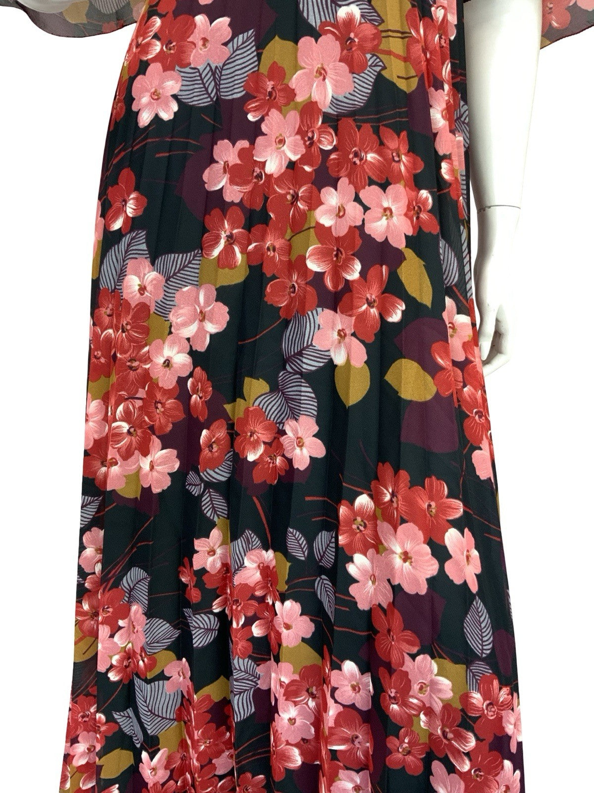 VTG 70S ROMANTIC FLORAL BUTTERFLY SLEEVE MAXI DRESS BLACK RED PINK WINE 12 14