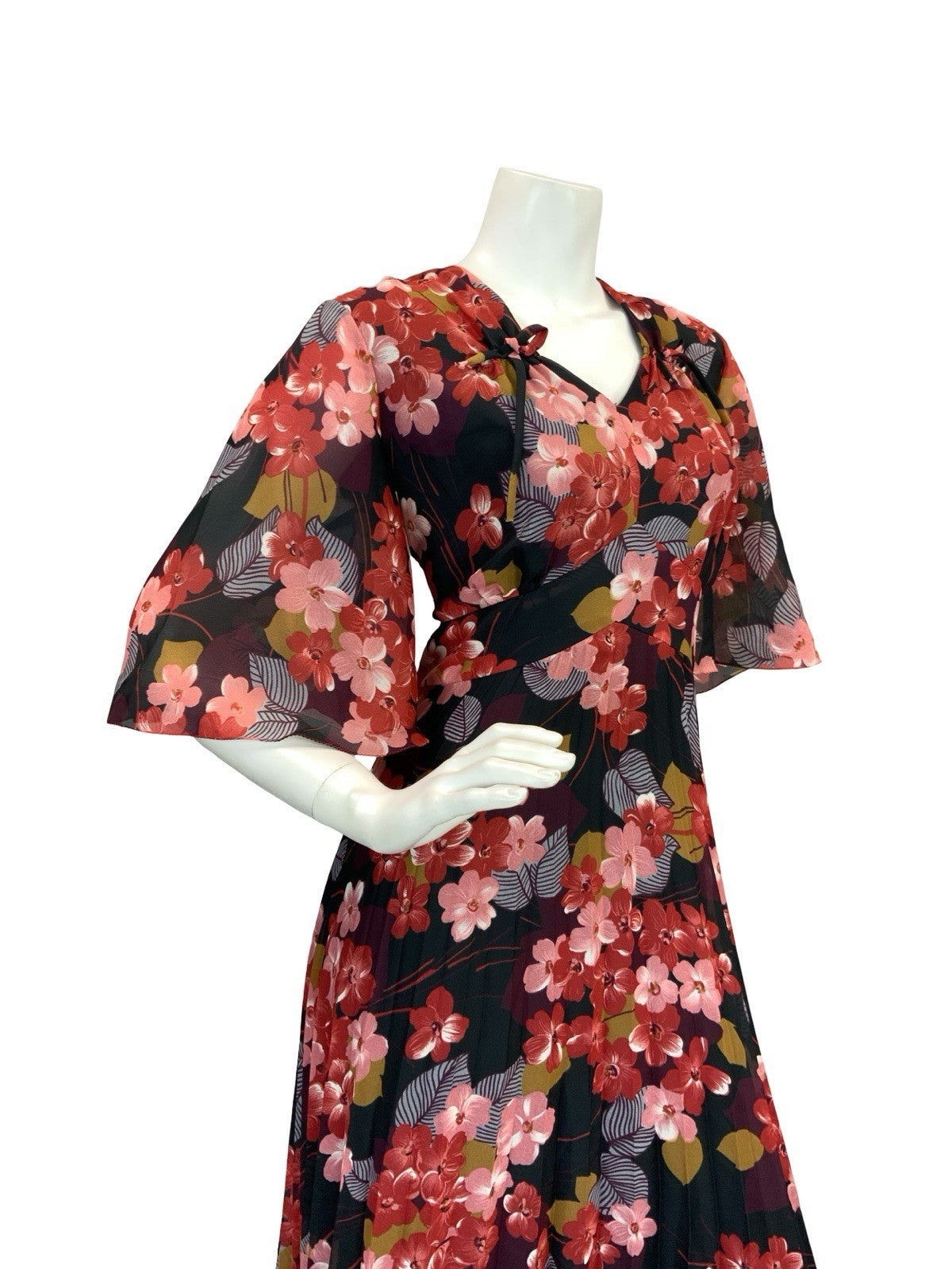 VTG 70S ROMANTIC FLORAL BUTTERFLY SLEEVE MAXI DRESS BLACK RED PINK WINE 12 14