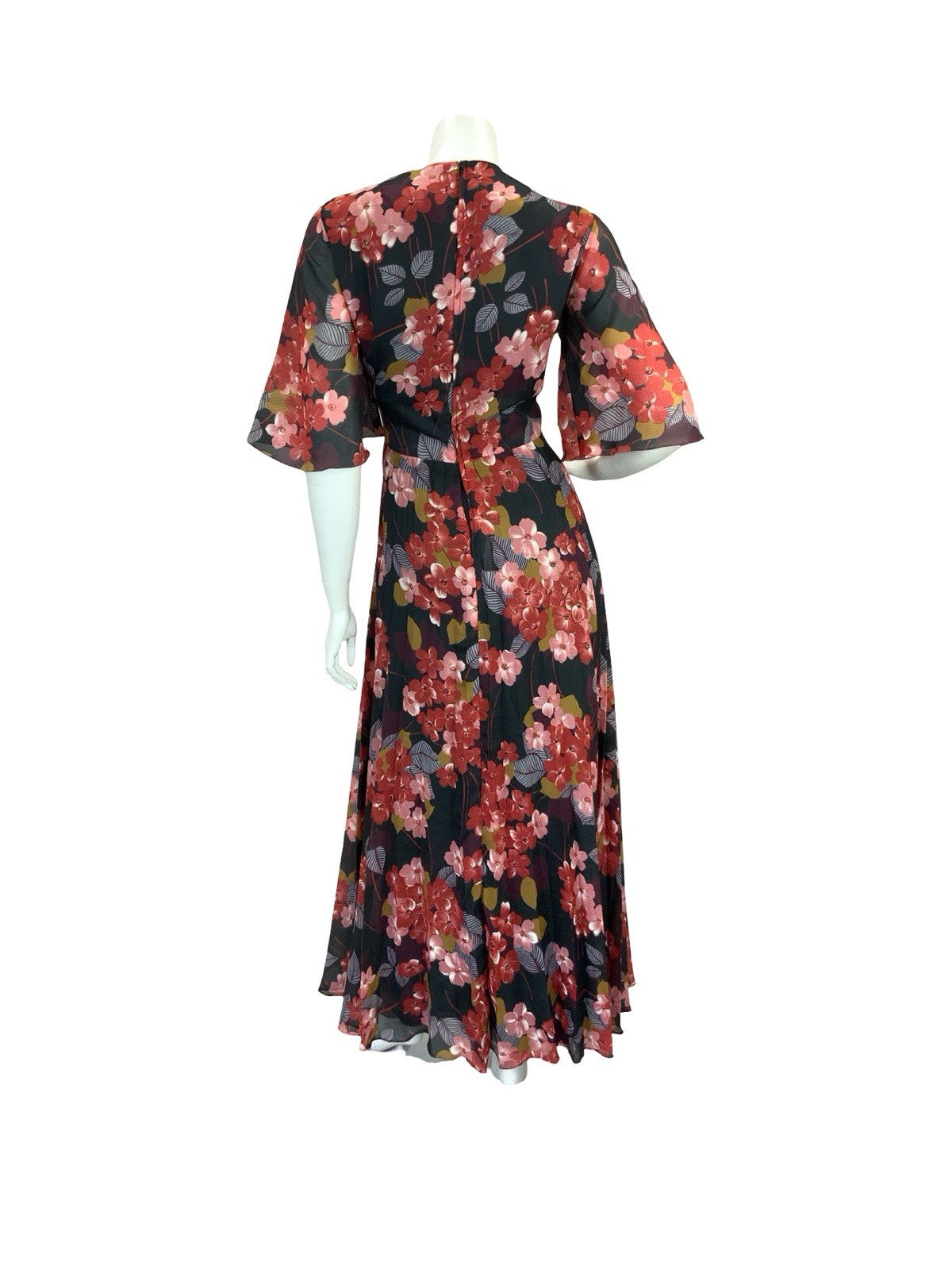 VTG 70S ROMANTIC FLORAL BUTTERFLY SLEEVE MAXI DRESS BLACK RED PINK WINE 12 14