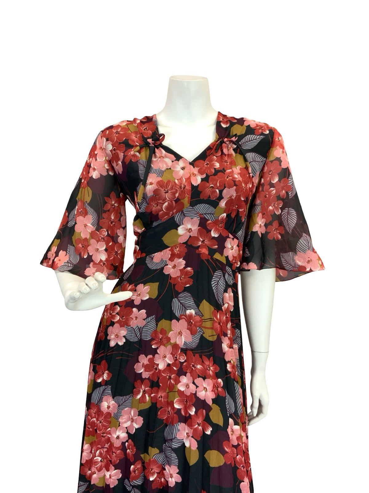 VTG 70S ROMANTIC FLORAL BUTTERFLY SLEEVE MAXI DRESS BLACK RED PINK WINE 12 14