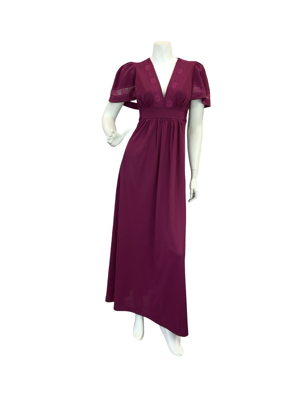 VTG 70S ROMANTIC BOHO WINE BURGUNDY PLUM CROCHET LACE MAXI DRESS 8 10