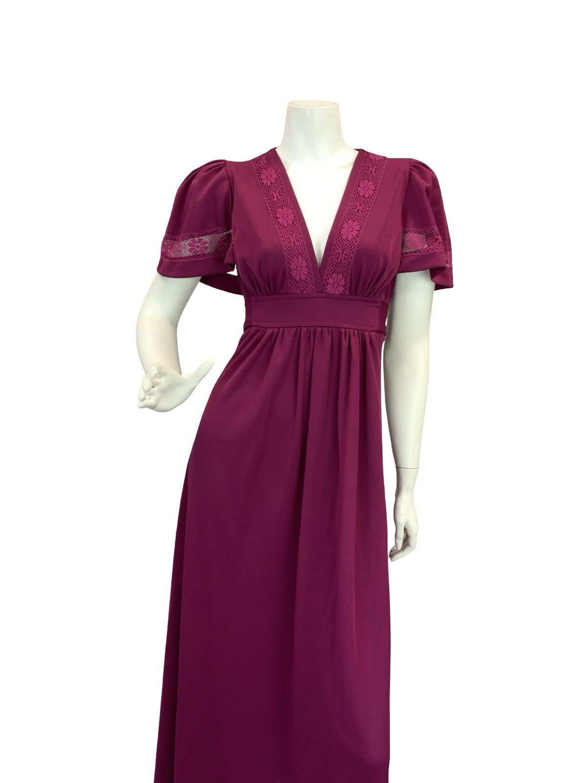 VTG 70S ROMANTIC BOHO WINE BURGUNDY PLUM CROCHET LACE MAXI DRESS 8 10
