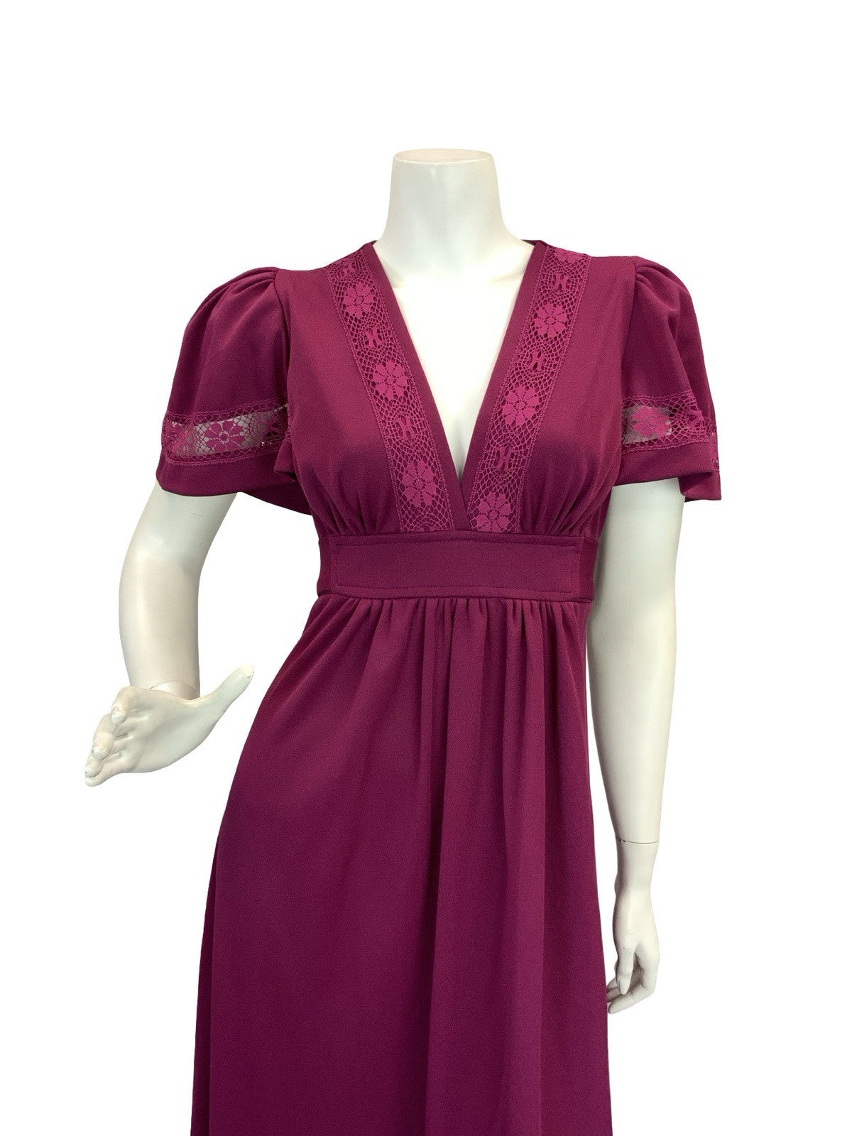 VTG 70S ROMANTIC BOHO WINE BURGUNDY PLUM CROCHET LACE MAXI DRESS 8 10